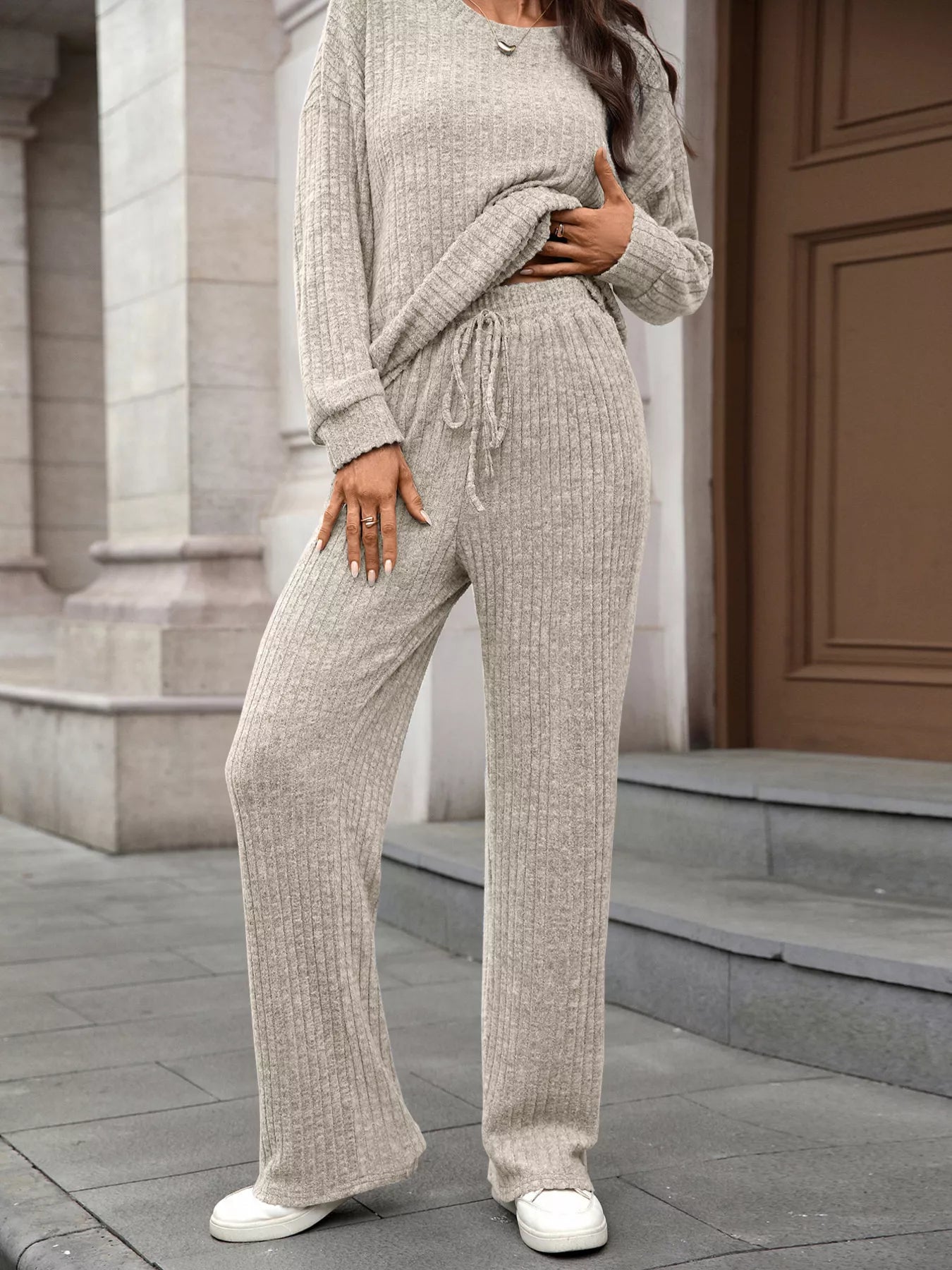 Ribbed Round Neck Top and Pants Set NicholesGifts