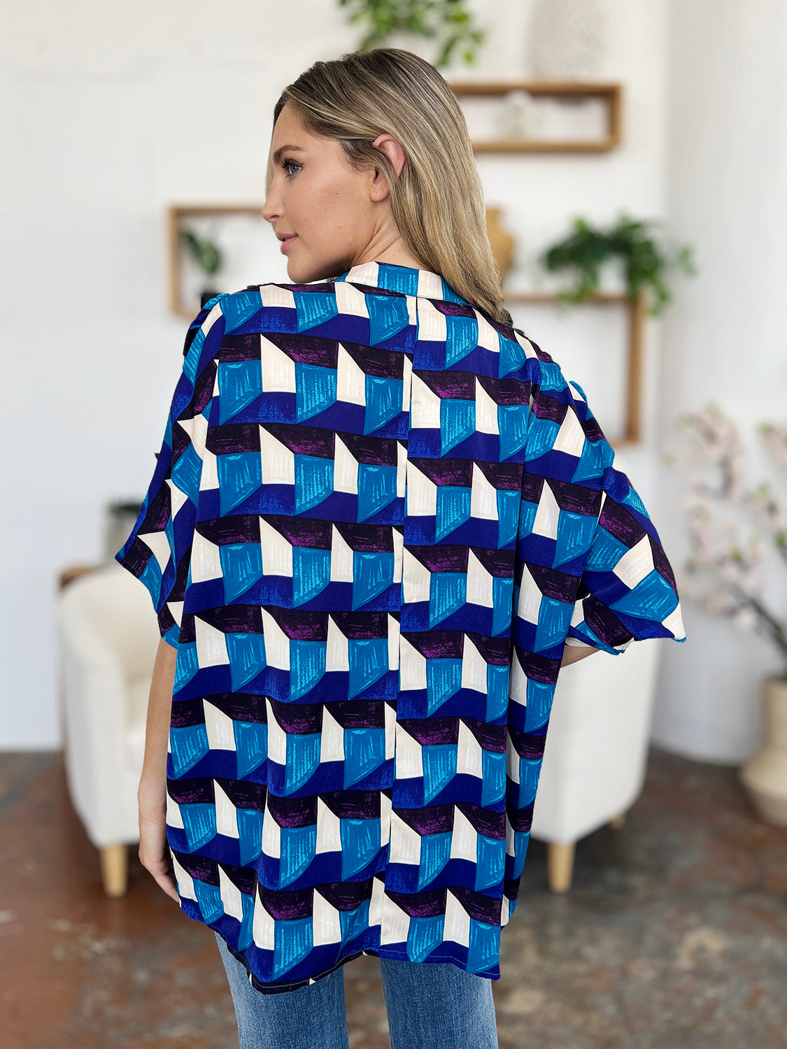 Double Take Full Size Geometric Notched Half Sleeve Blouse nicholesgifts