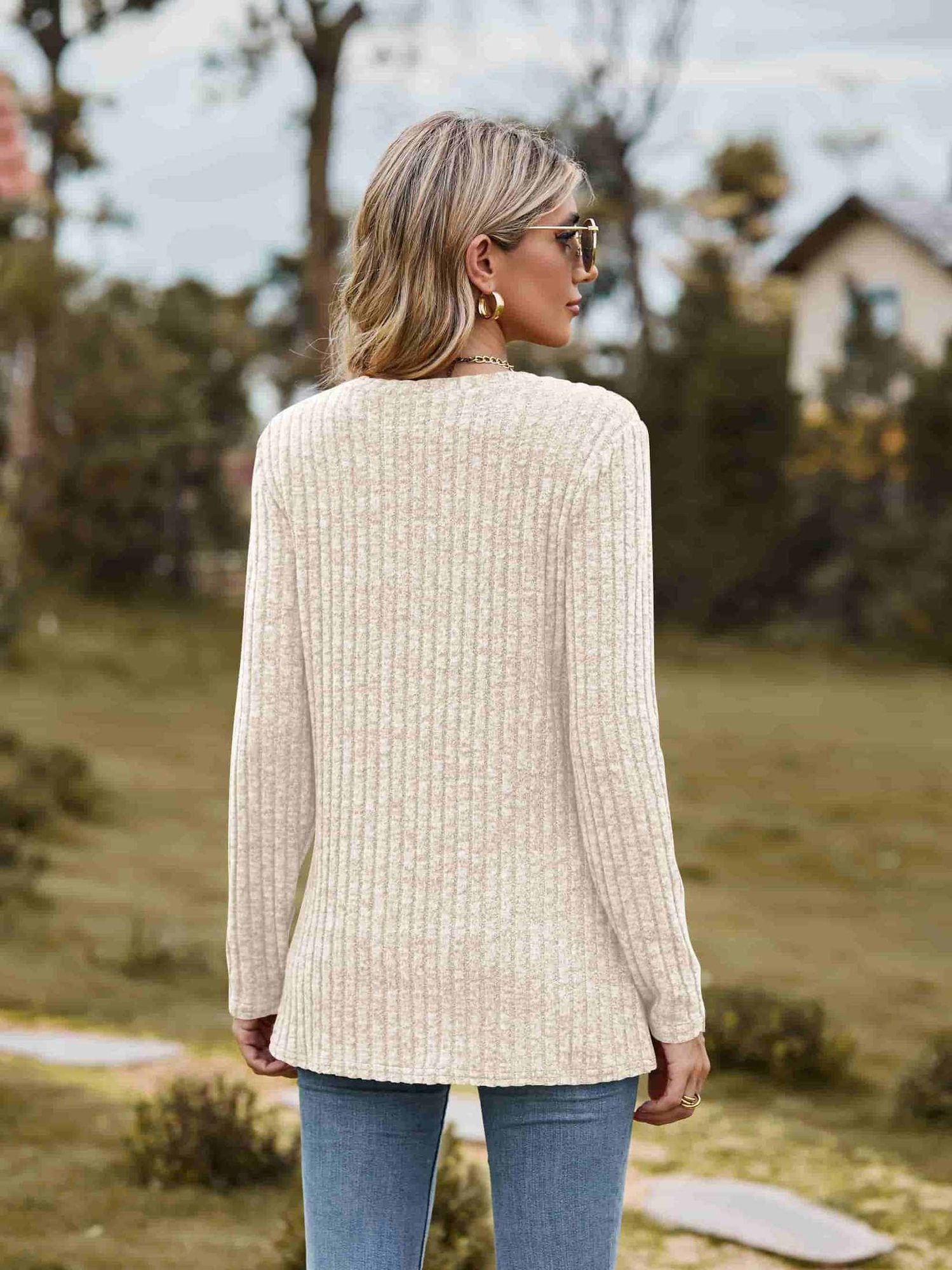 Ribbed Round Neck Long Sleeve Tee NicholesGifts