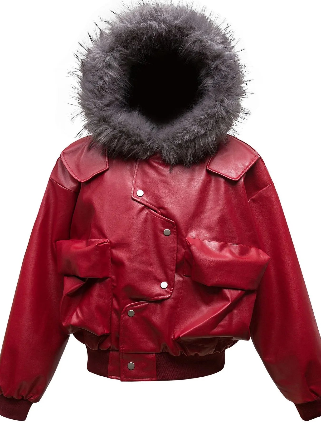 Men's Leather Bomber Jacket with Faux Fur Hood Trendsi