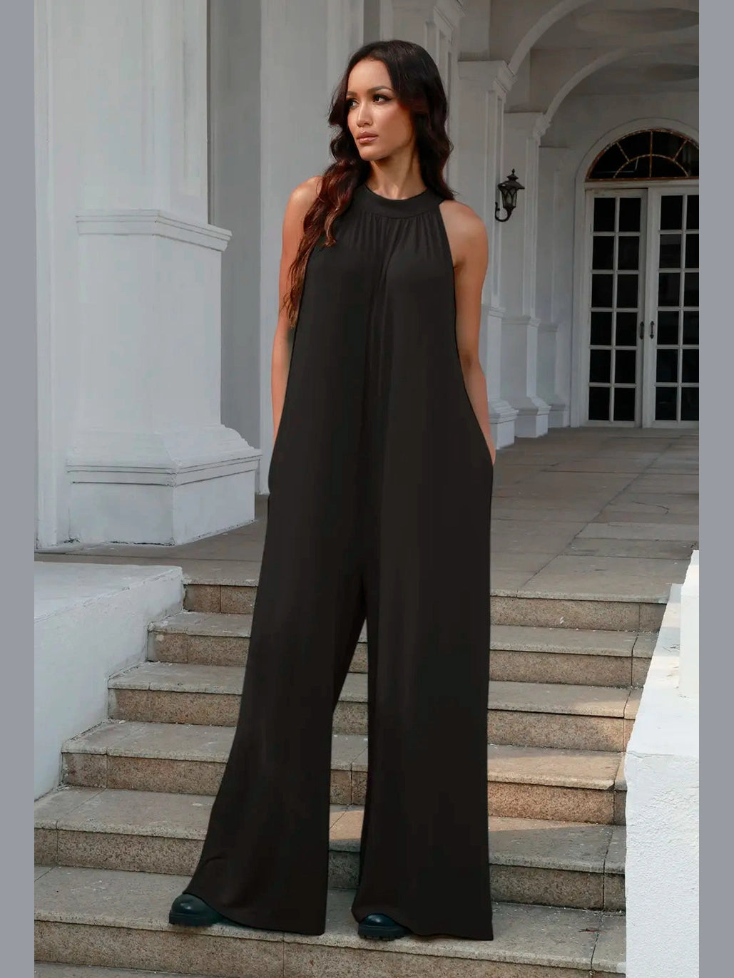 Double Take Full Size Tie Back Cutout Sleeveless Jumpsuit nicholesgifts