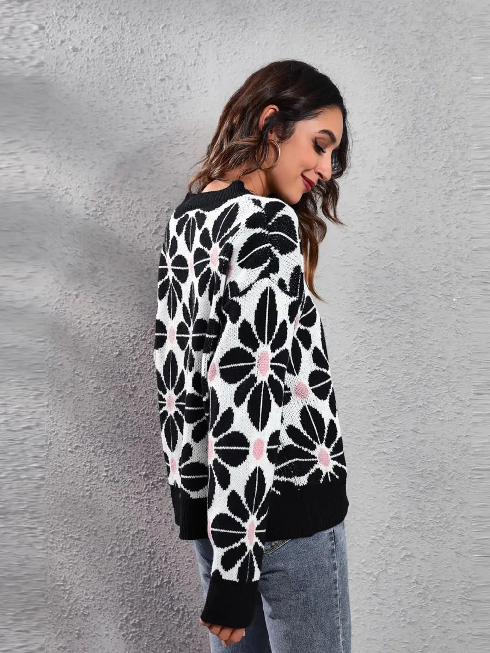 Floral Round Neck Long Sleeve Sweater nicholesgifts