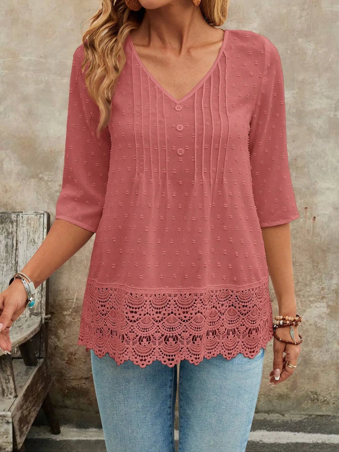 Lace Hem V-Neck Blouse