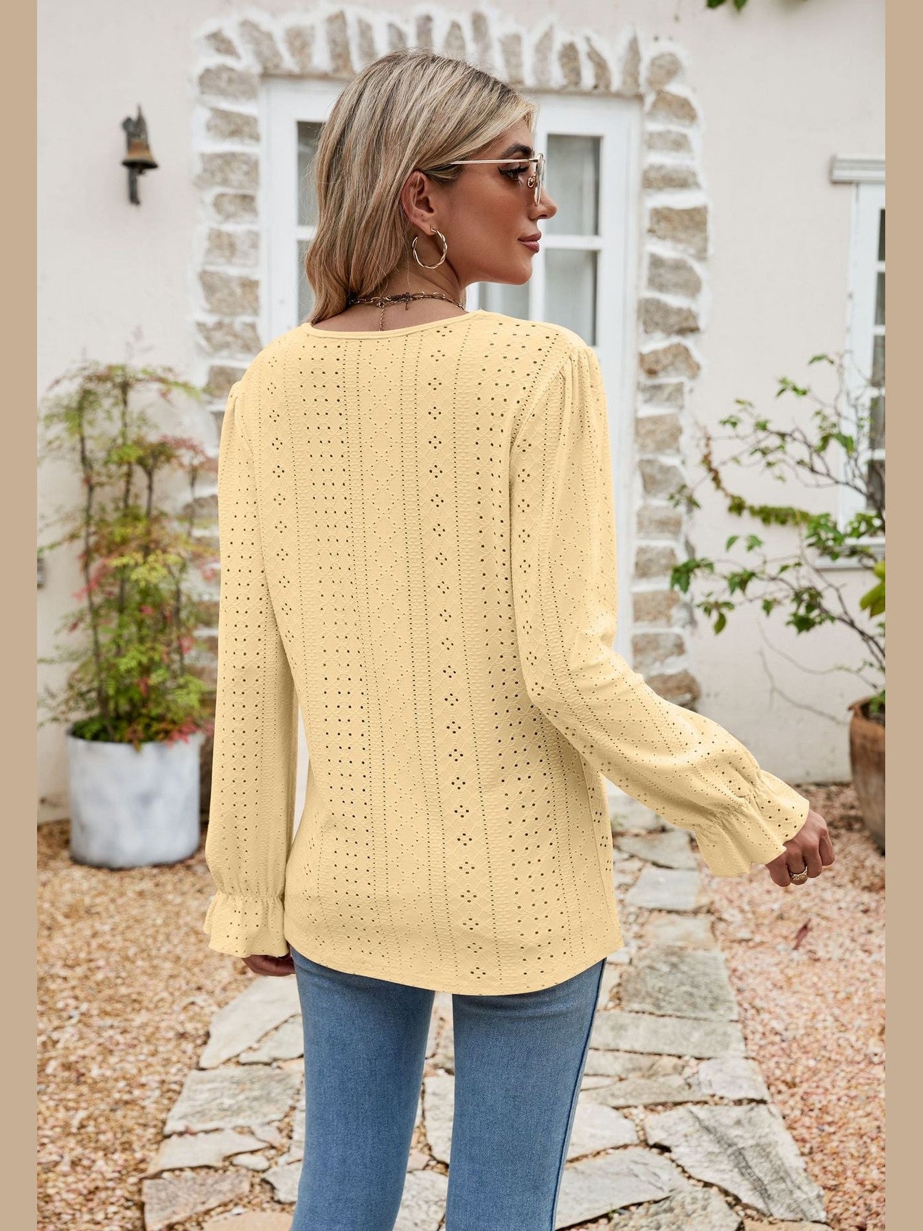 Eyelet Lace Trim Flounce Sleeve Blouse