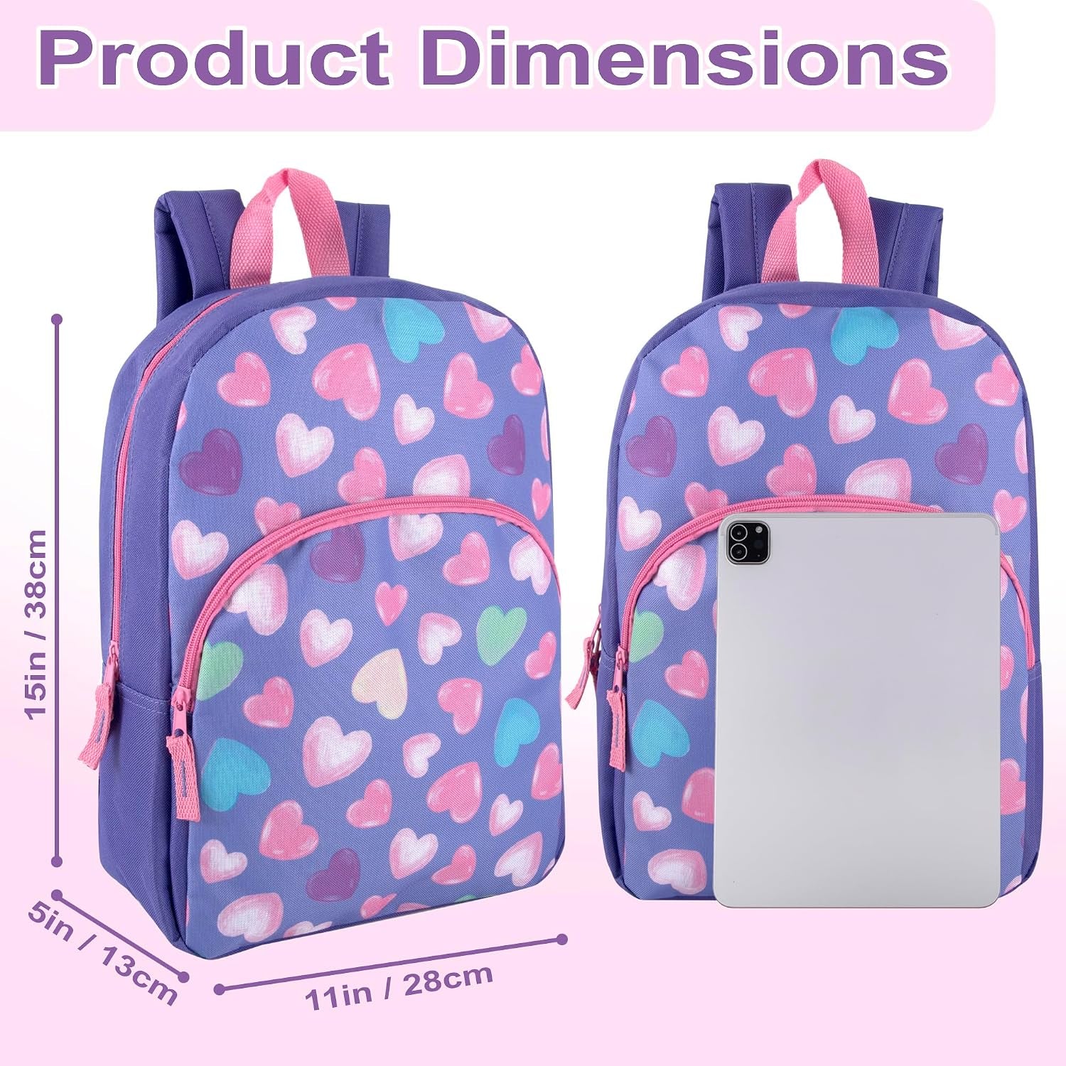 15 Inch Kids Backpacks for Boys & Girls | Preschool, Kindergarten, Elementary School Backpacks with Adjustable, Padded Straps (Happy Hearts)