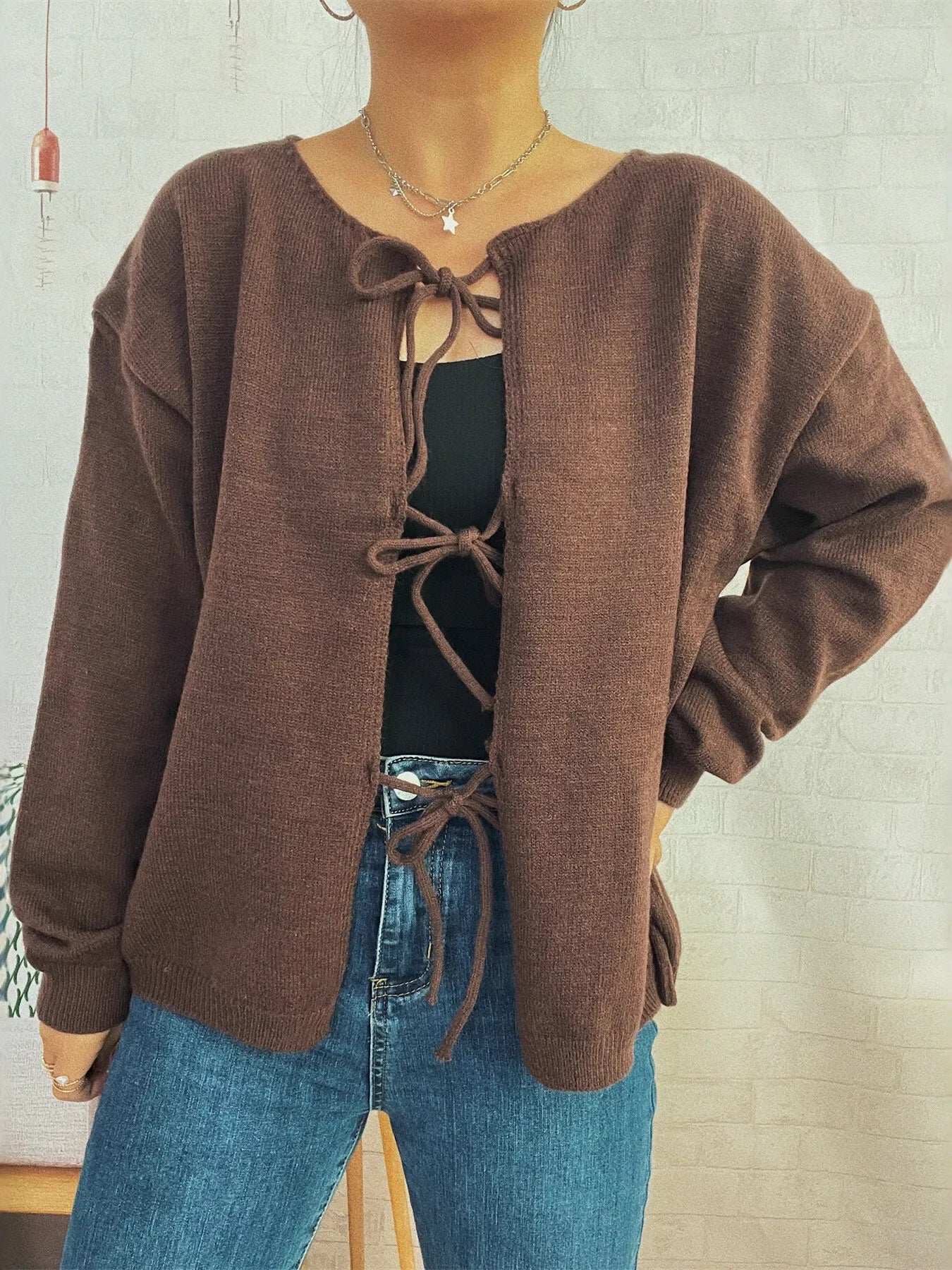Tie Front Drop Shoulder Cardigan Trendsi