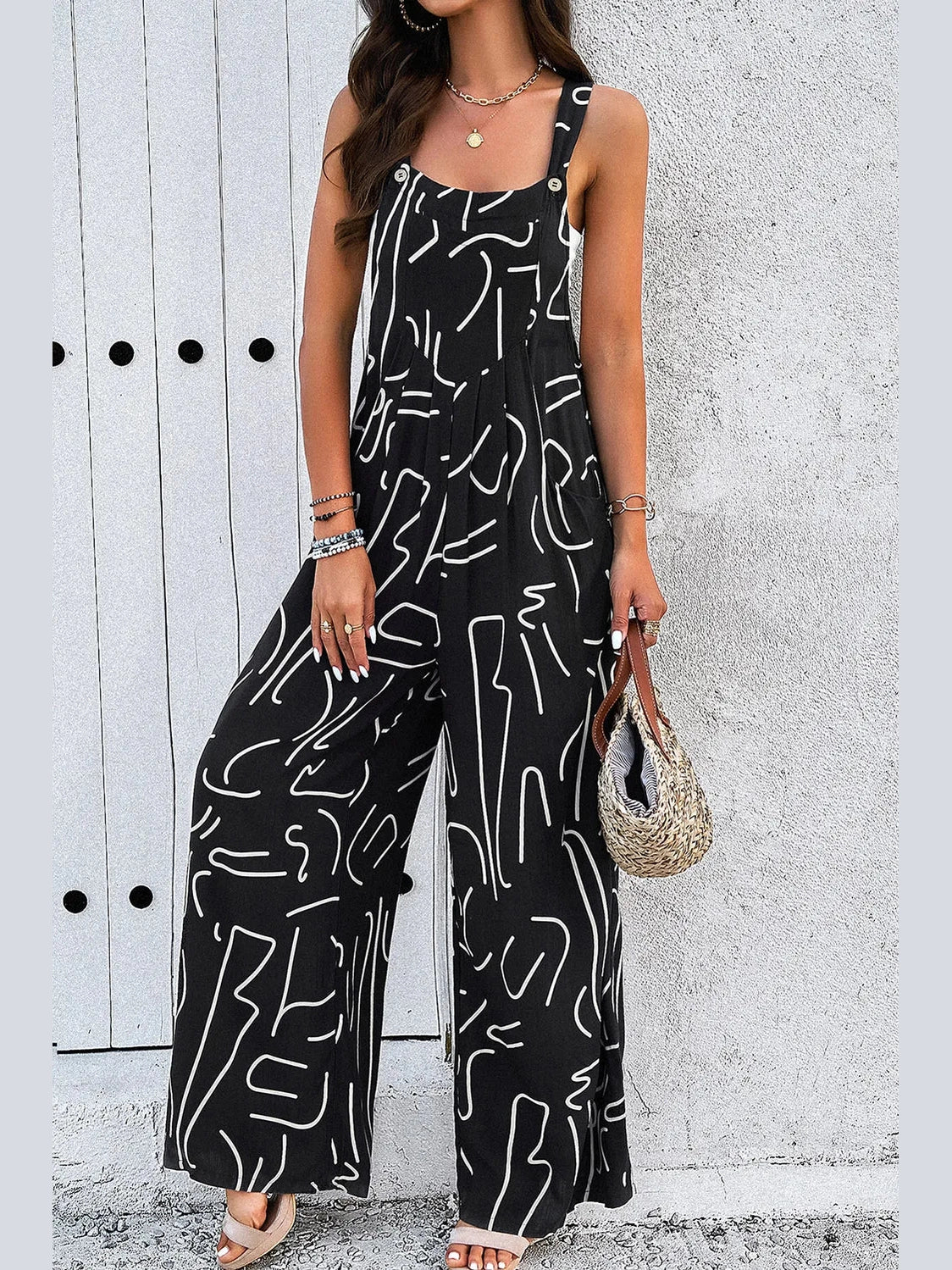 Devine Printed Wide Strap Jumpsuit with Pockets nicholesgifts