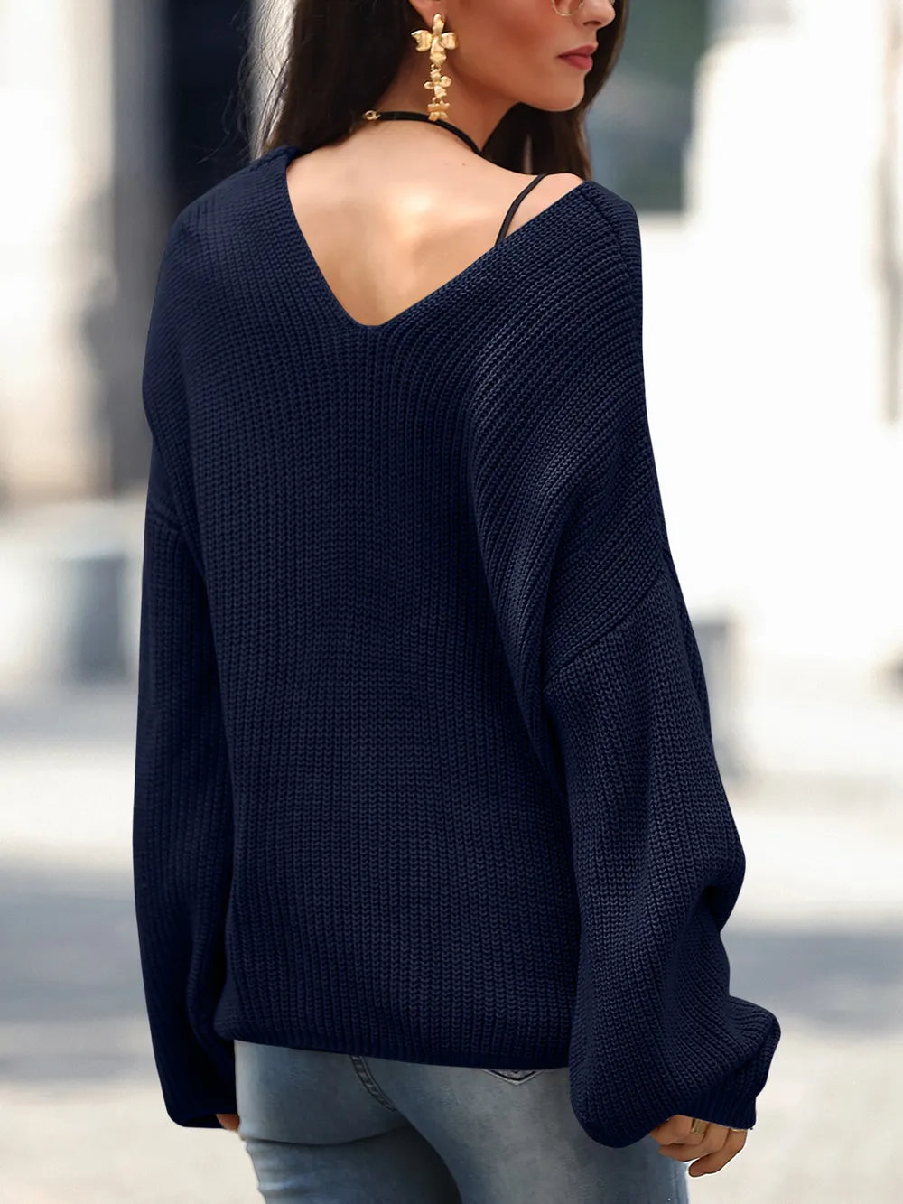 Full Size Lace Up V-Neck Long Sleeve Sweater Trendsi