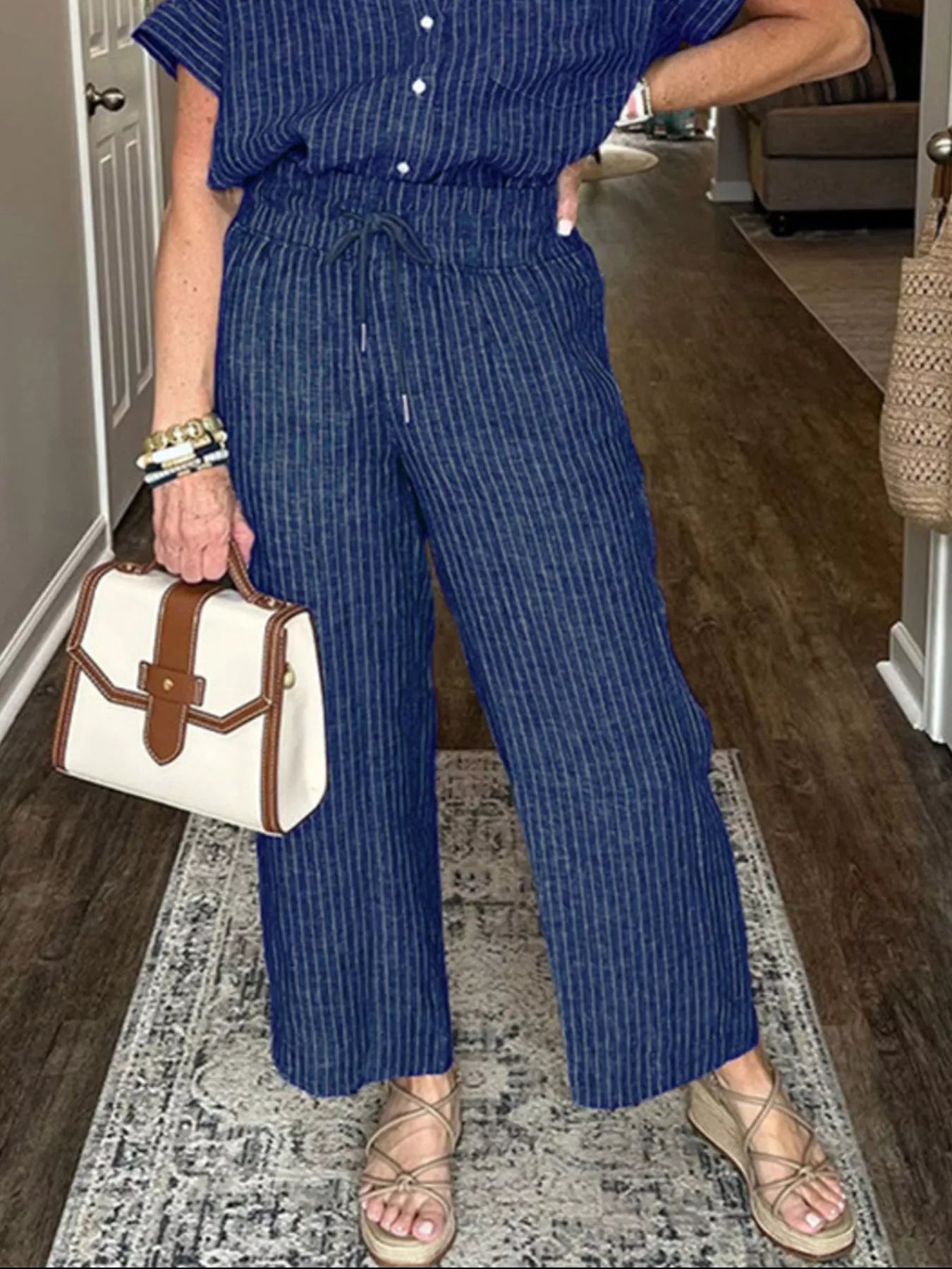 Full Size Striped Button-Up Shirt and Wide Leg Pants Casual Set Plus Size Trendsi