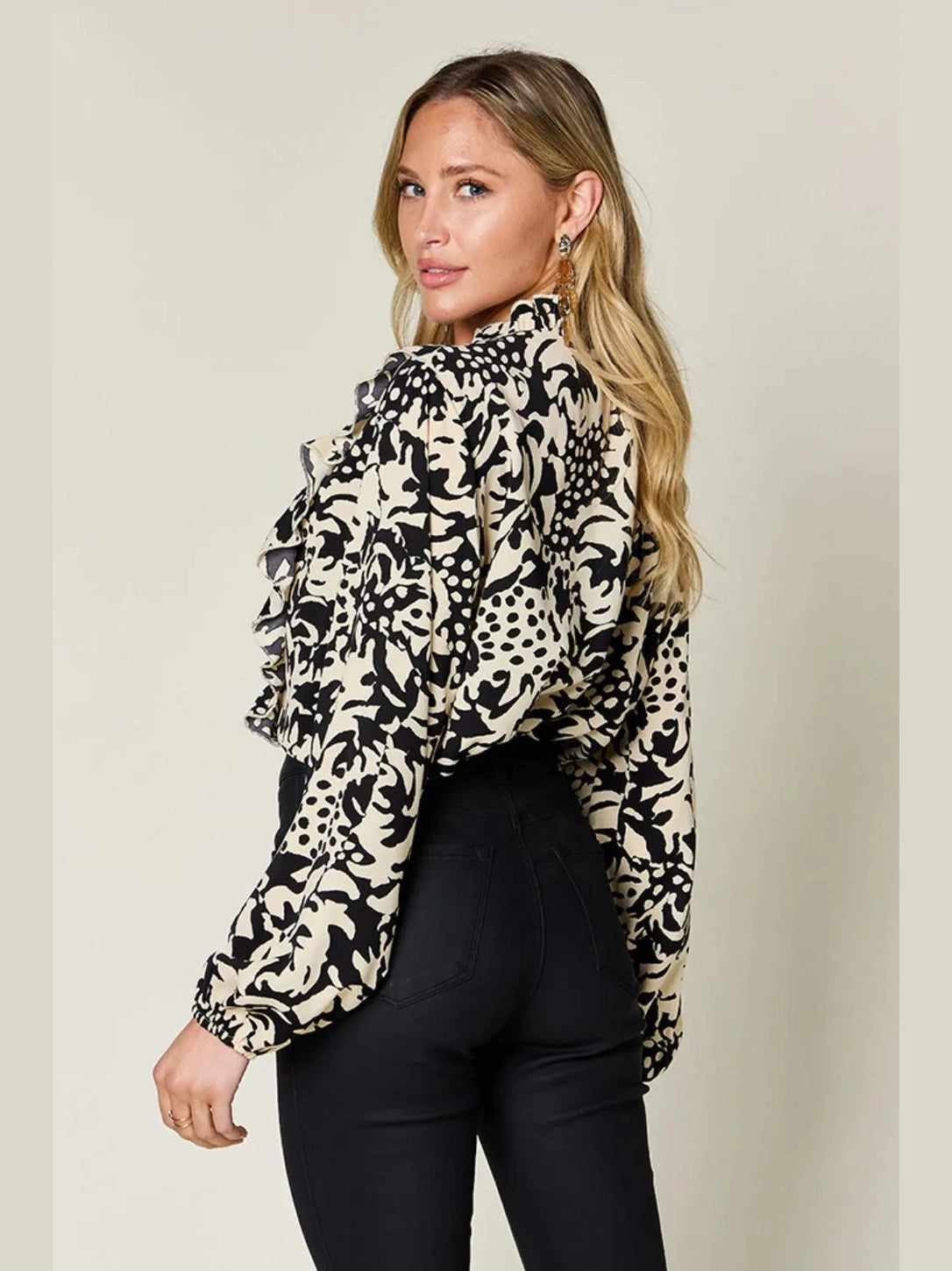 Double Take Full Size Printed Ruffle Trim Balloon Sleeve Shirt