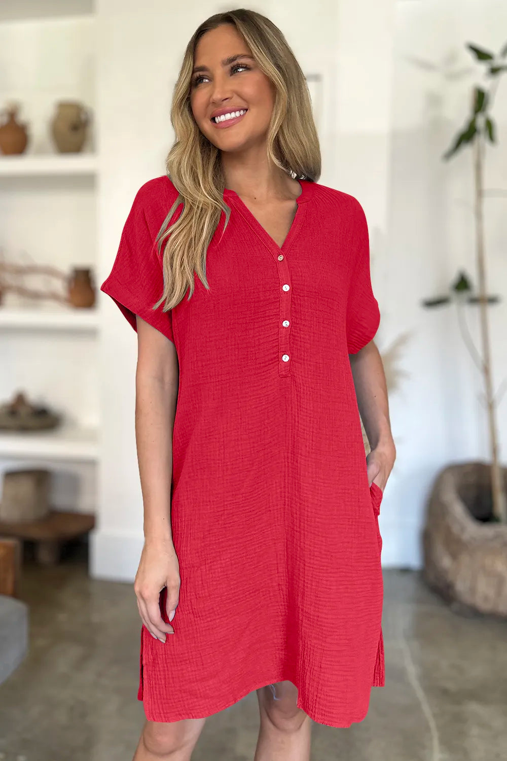 FAM-FAM Slit Notched Short Sleeve Mini Dress Trendsi