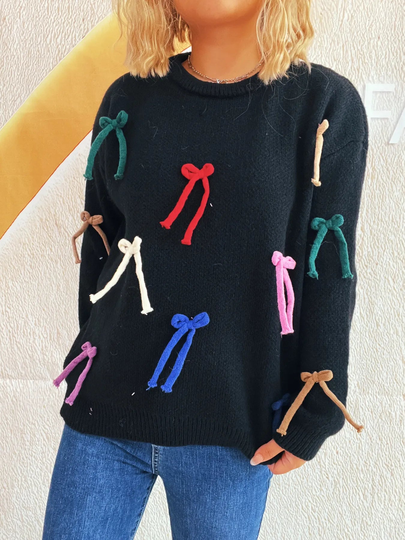 Colorful Bow Round Neck Sweater