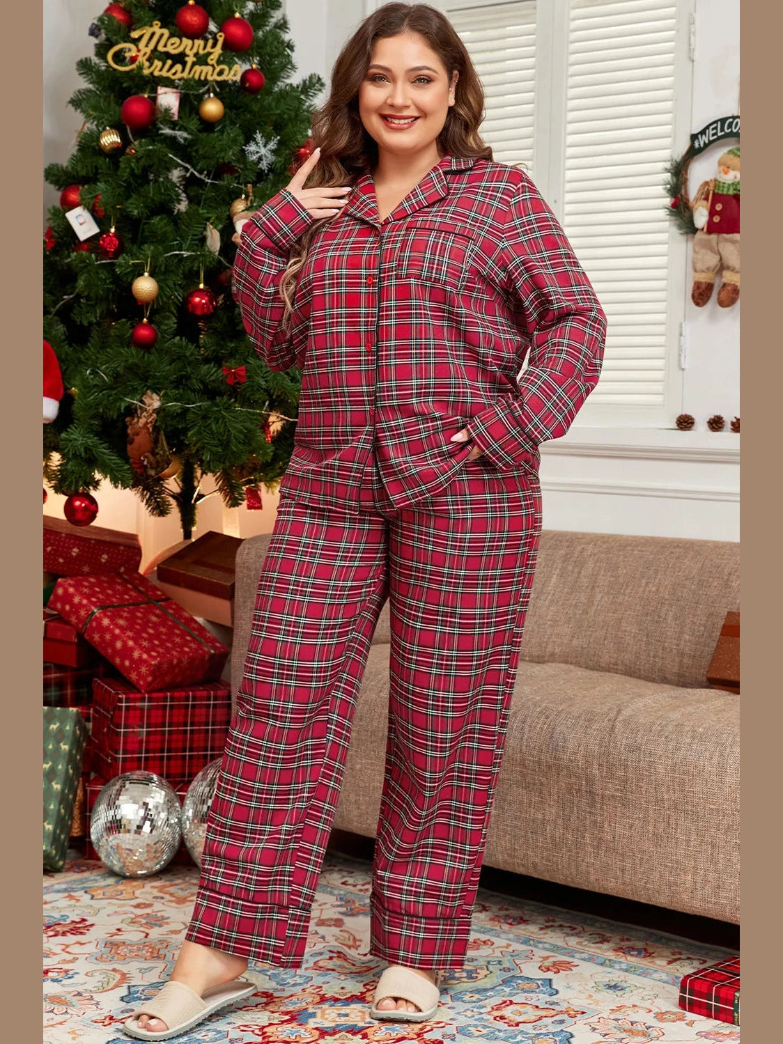 Plus Size Plaid Collared Neck Top and Pants Lounge Set nicholesgifts