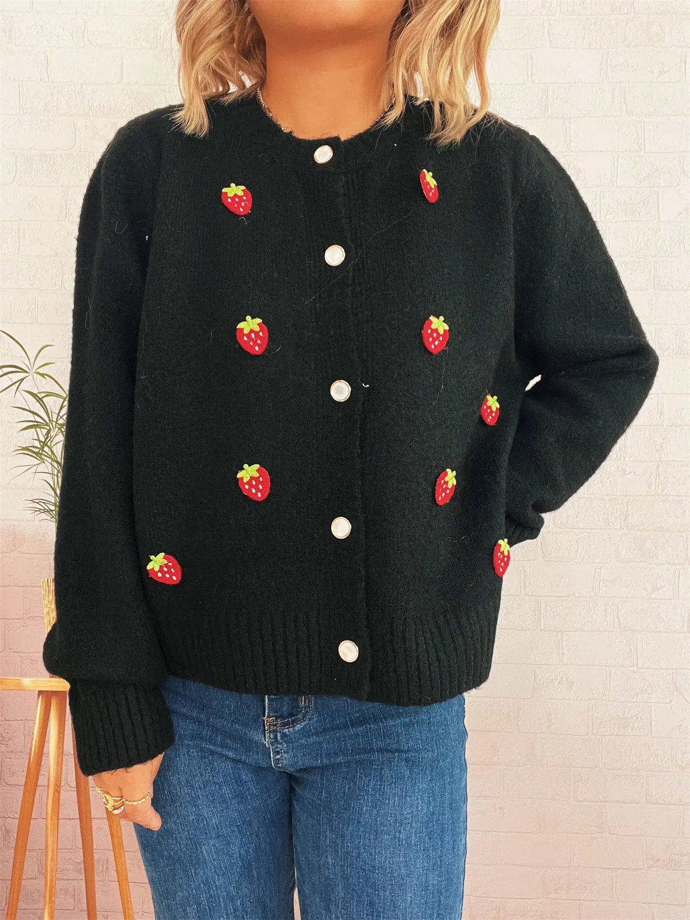 Strawberry Button Up Long Sleeve Cardigan Trendsi