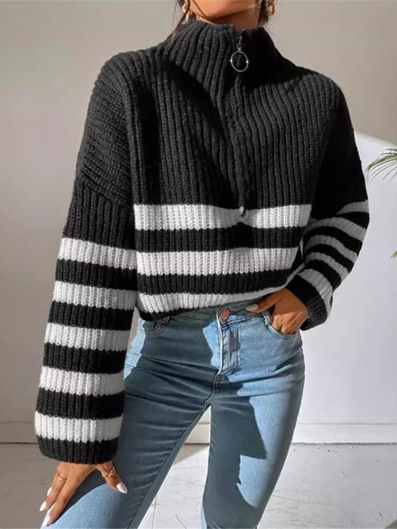 Striped Half Zip Cropped Sweater