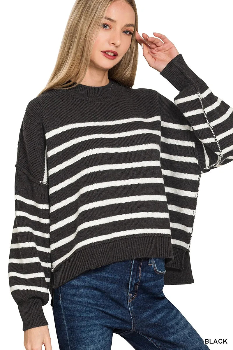 Zenana Exposed Seam Striped Oversized Sweater NicholesGifts