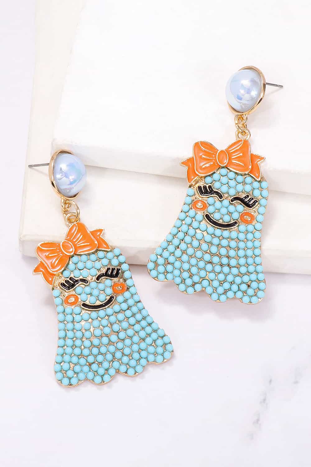 Women Smiling Ghost Shape Synthetic Pearl Earrings NicholesGifts