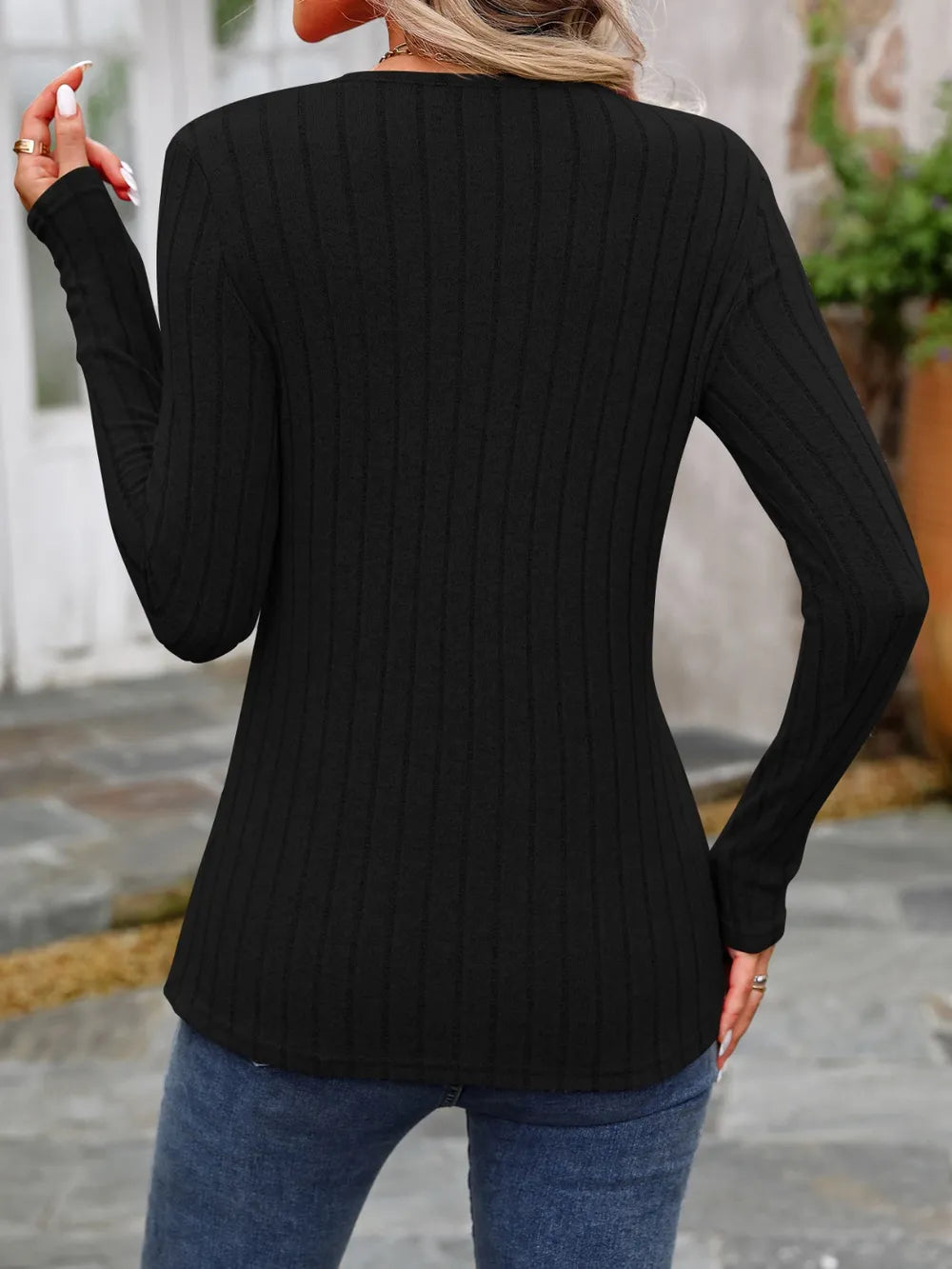 Decorative Button Round Neck Long Sleeve T-Shirt nicholesgifts