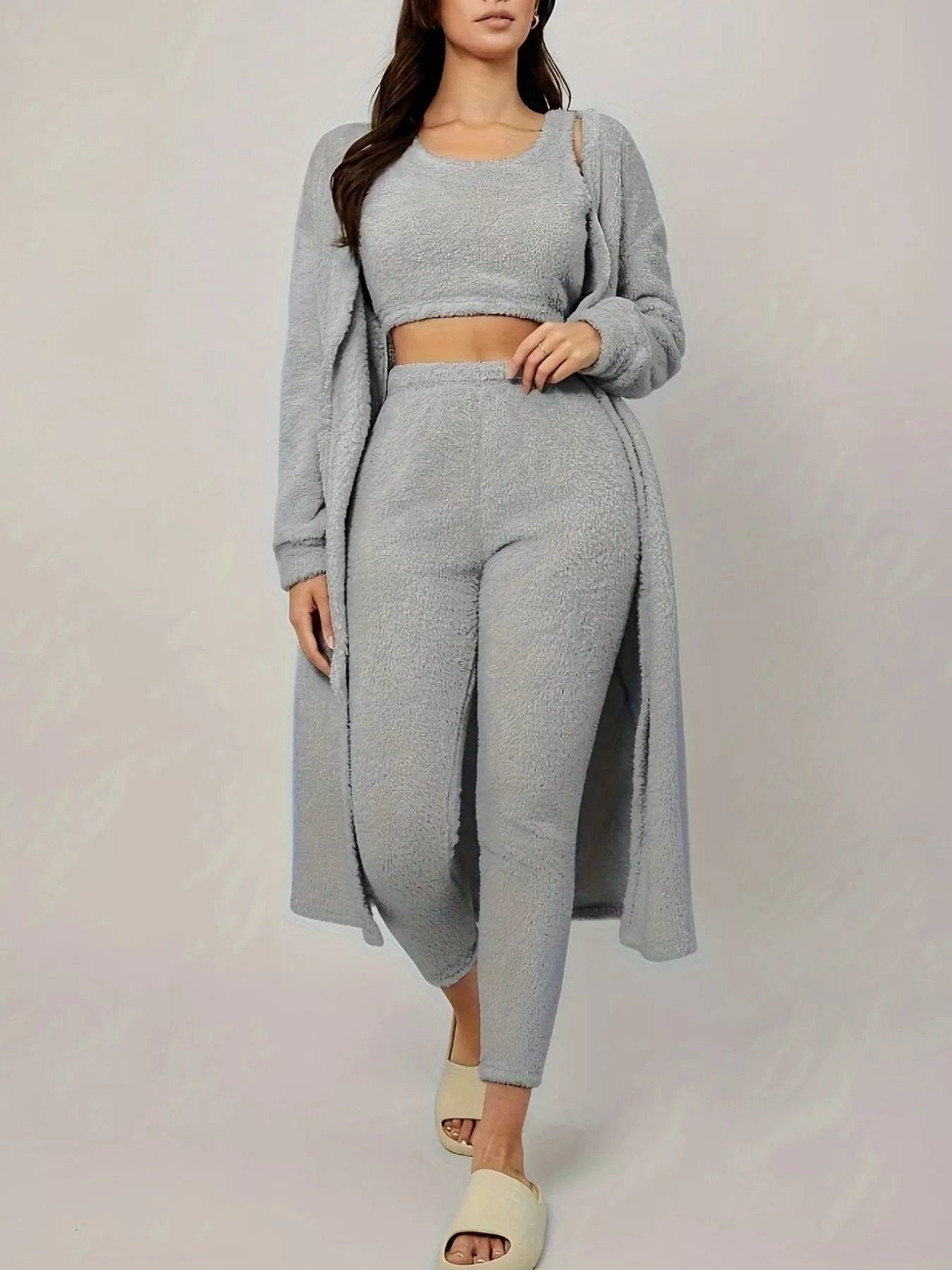 Fuzzy Tank Long Sleeve Cardigan and Pants 3-Piece Lounge Set Trendsi
