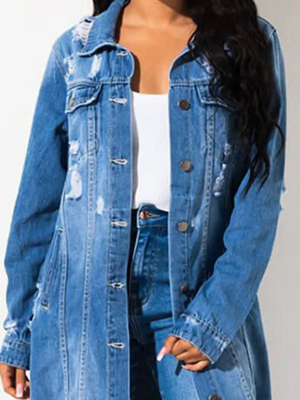 Long Sleeve Raw Hem Denim Jacket nicholesgifts
