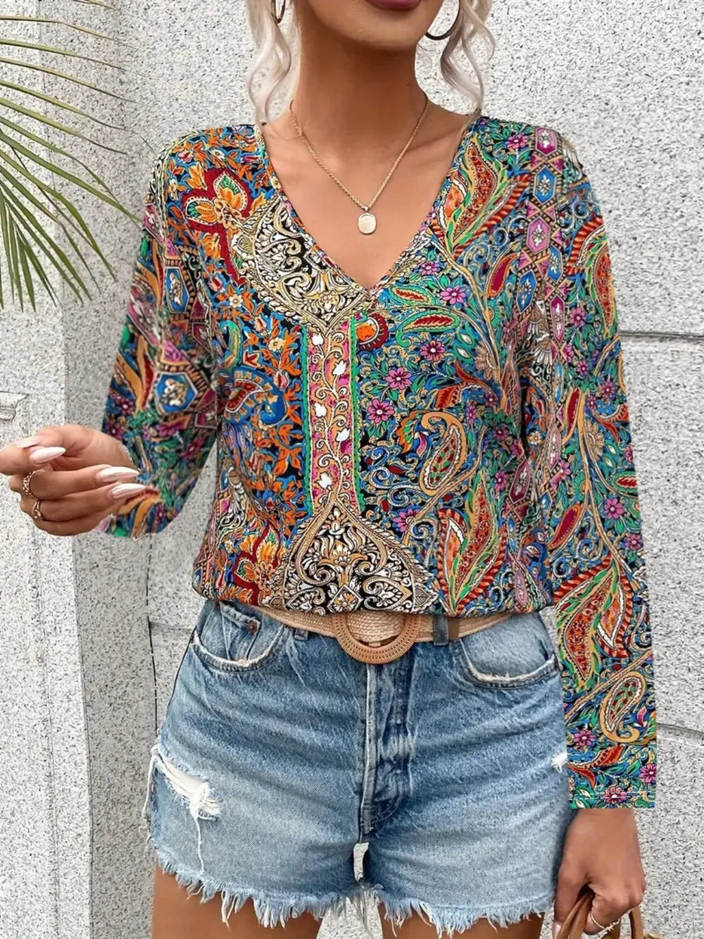 Printed V-Neck Long Sleeve Blouse NicholesGifts