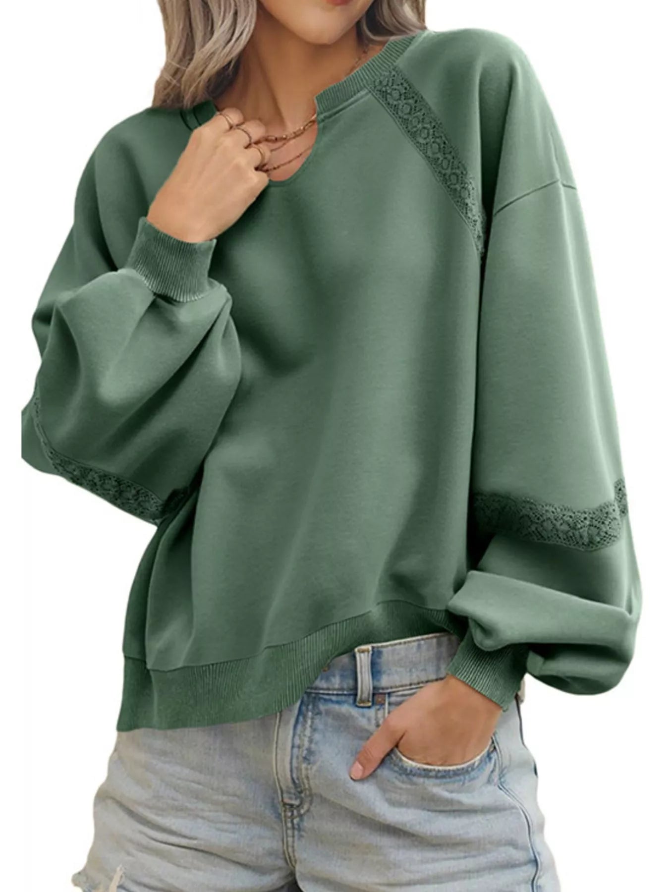 Lace Detail Notched Long Sleeve Sweatshirt Trendsi