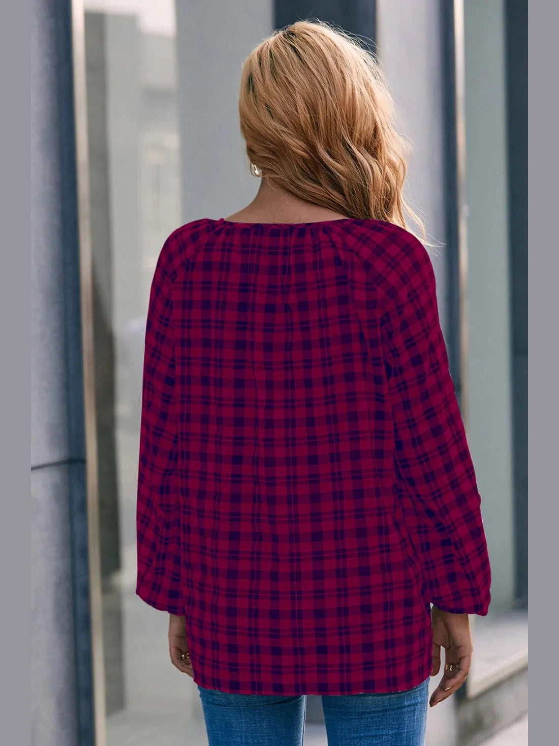 Ivy Lane Plaid Tie Neck Balloon Sleeve Blouse