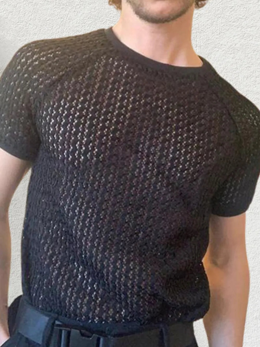 Men's Openwork Round Neck Short Sleeve T-Shirt NicholesGifts