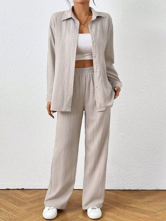 Button Up Long Sleeve Shirt and Pants Set Trendsi