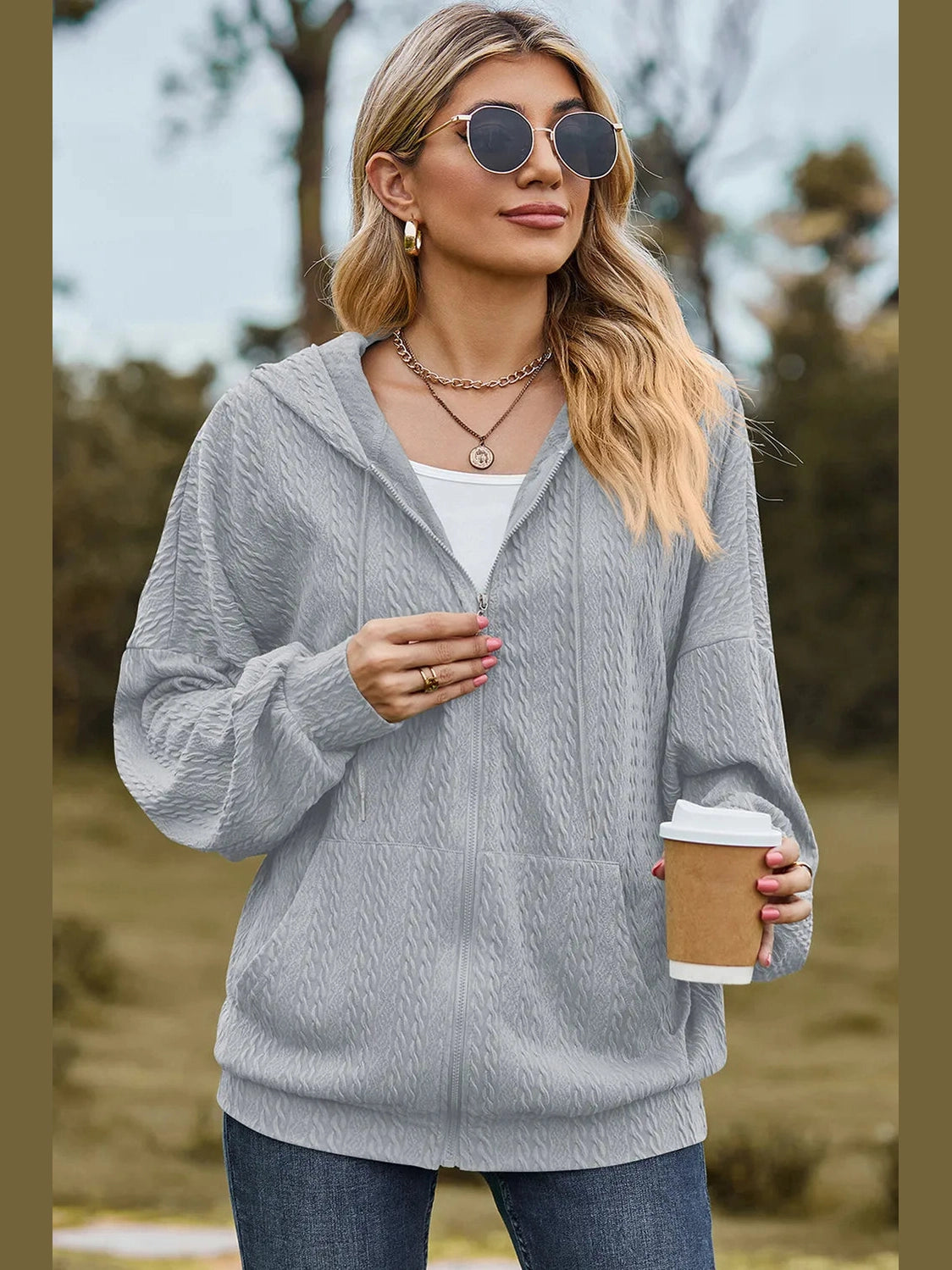 Drawstring Zip Up Dropped Shoulder Hoodie nicholesgifts