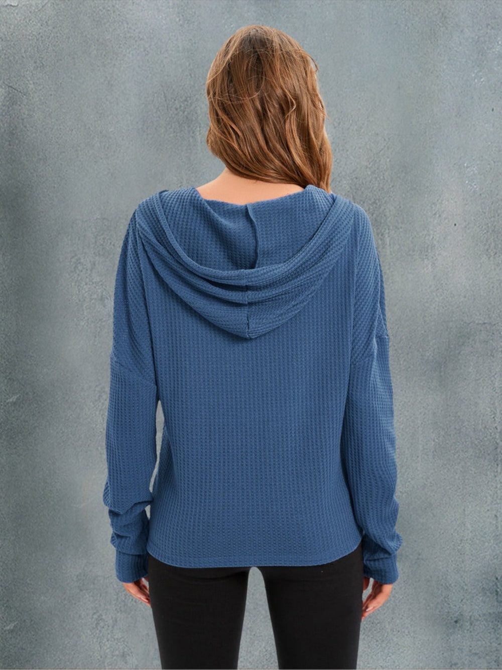 Waffle-Knit Drawstring Drop Shoulder Hoodie nicholesgifts