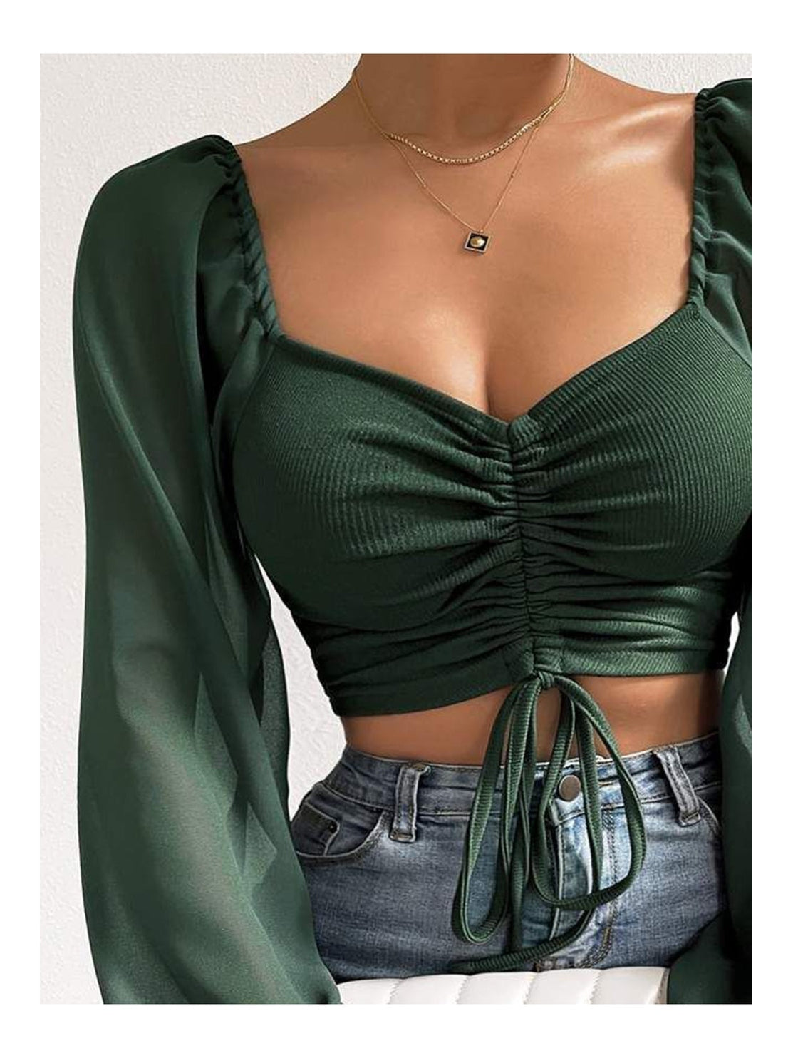 Women Drawstring Sweetheart Neck Cropped Top nicholesgifts