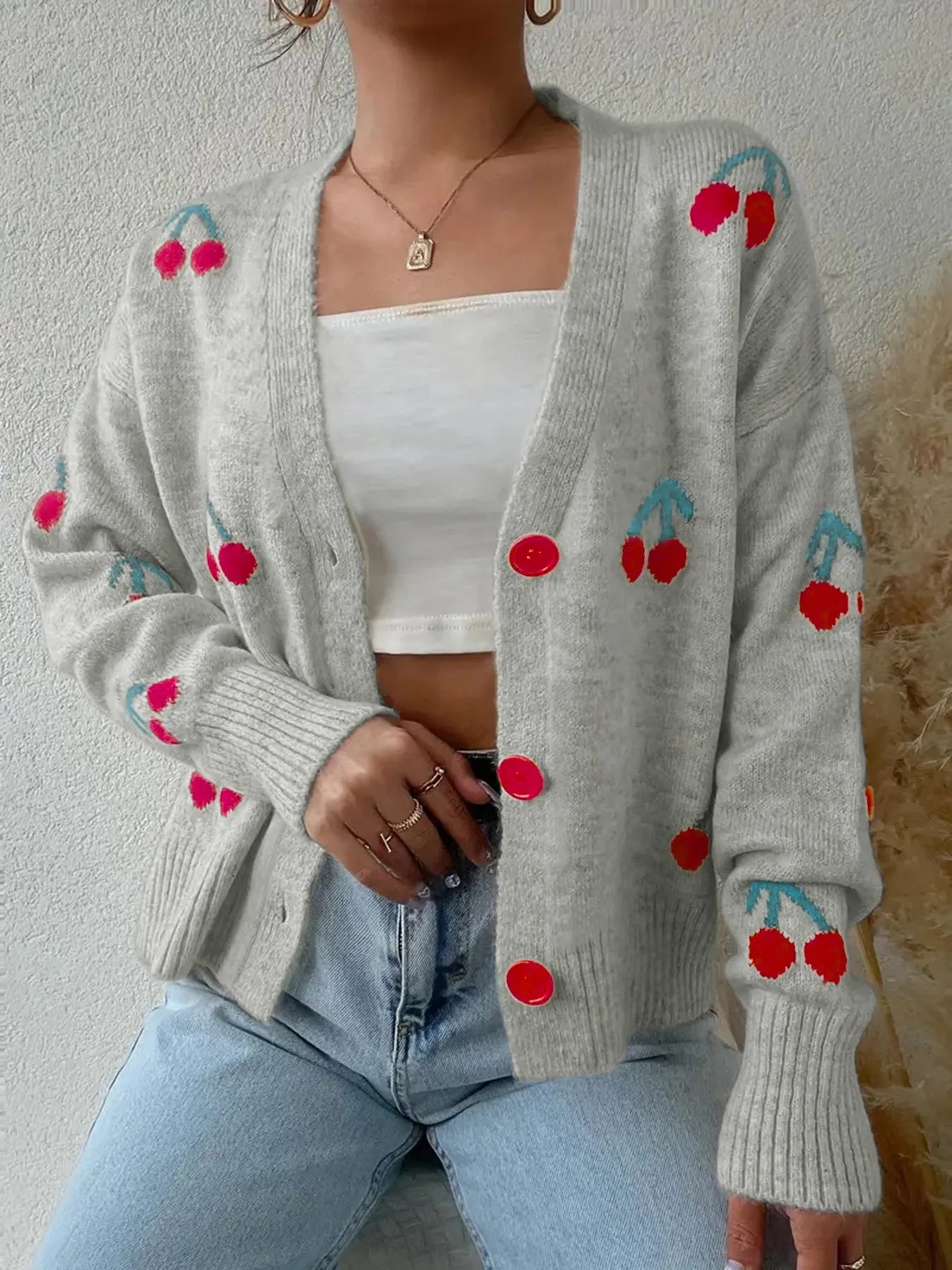 Cherry Button-Up Knit Cardigan