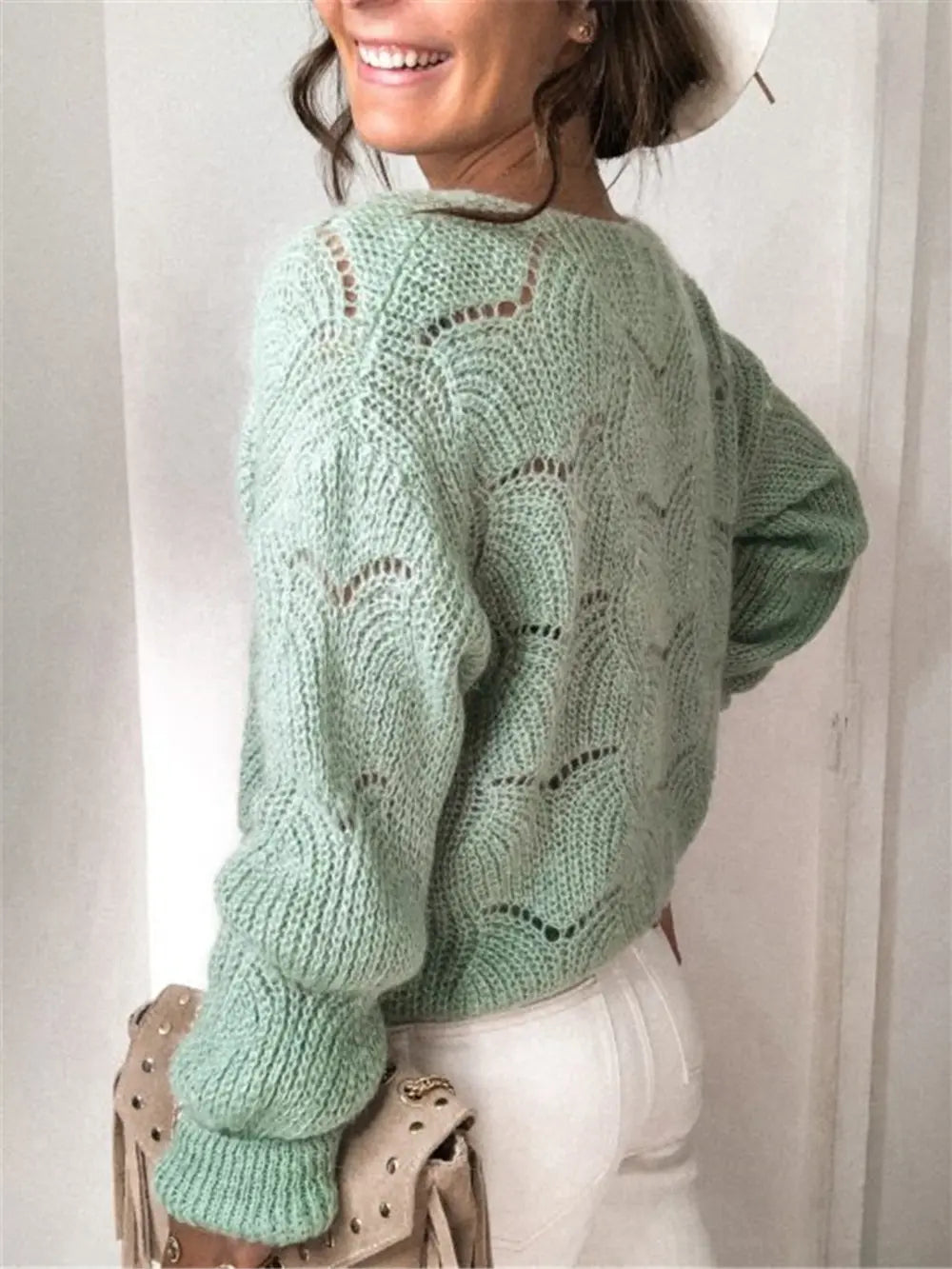 Openwork Button Up Long Sleeve Cardigan nicholesgifts