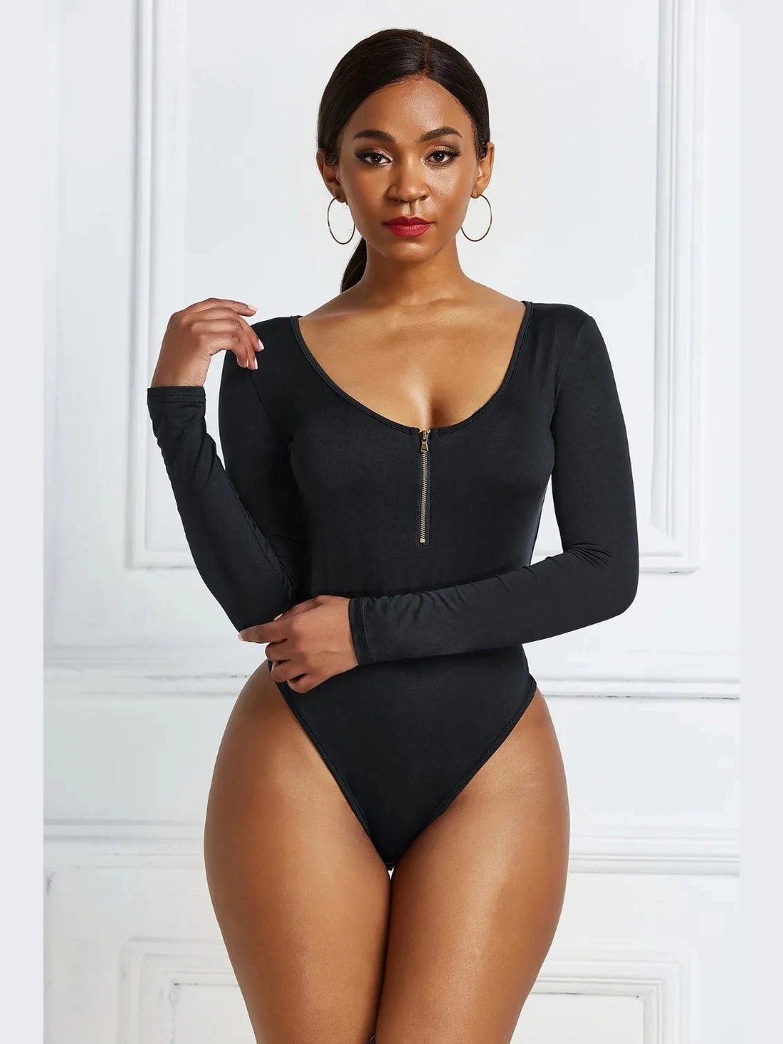 Half Zip Scoop Neck Long Sleeve Bodysuit nicholesgifts