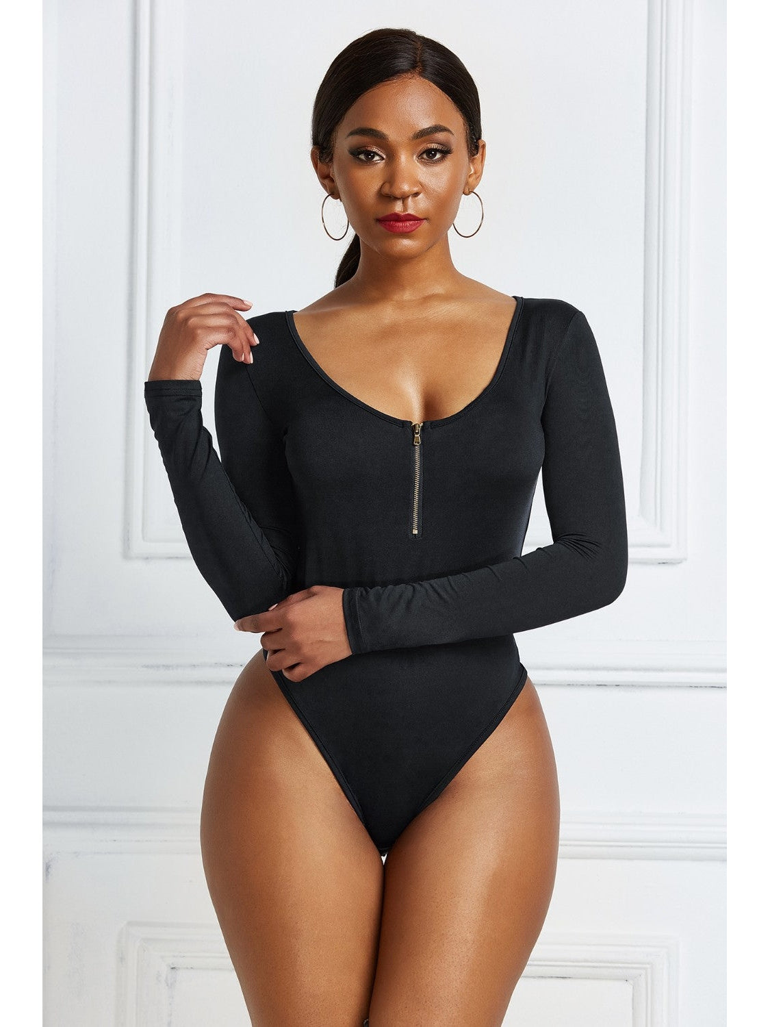 Women Half Zip Scoop Neck Long Sleeve Bodysuit nicholesgifts