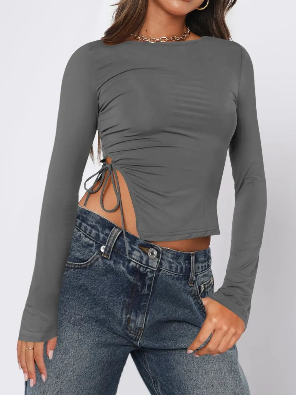 Tied Slit Round Neck Long Sleeve T-Shirt NicholesGifts