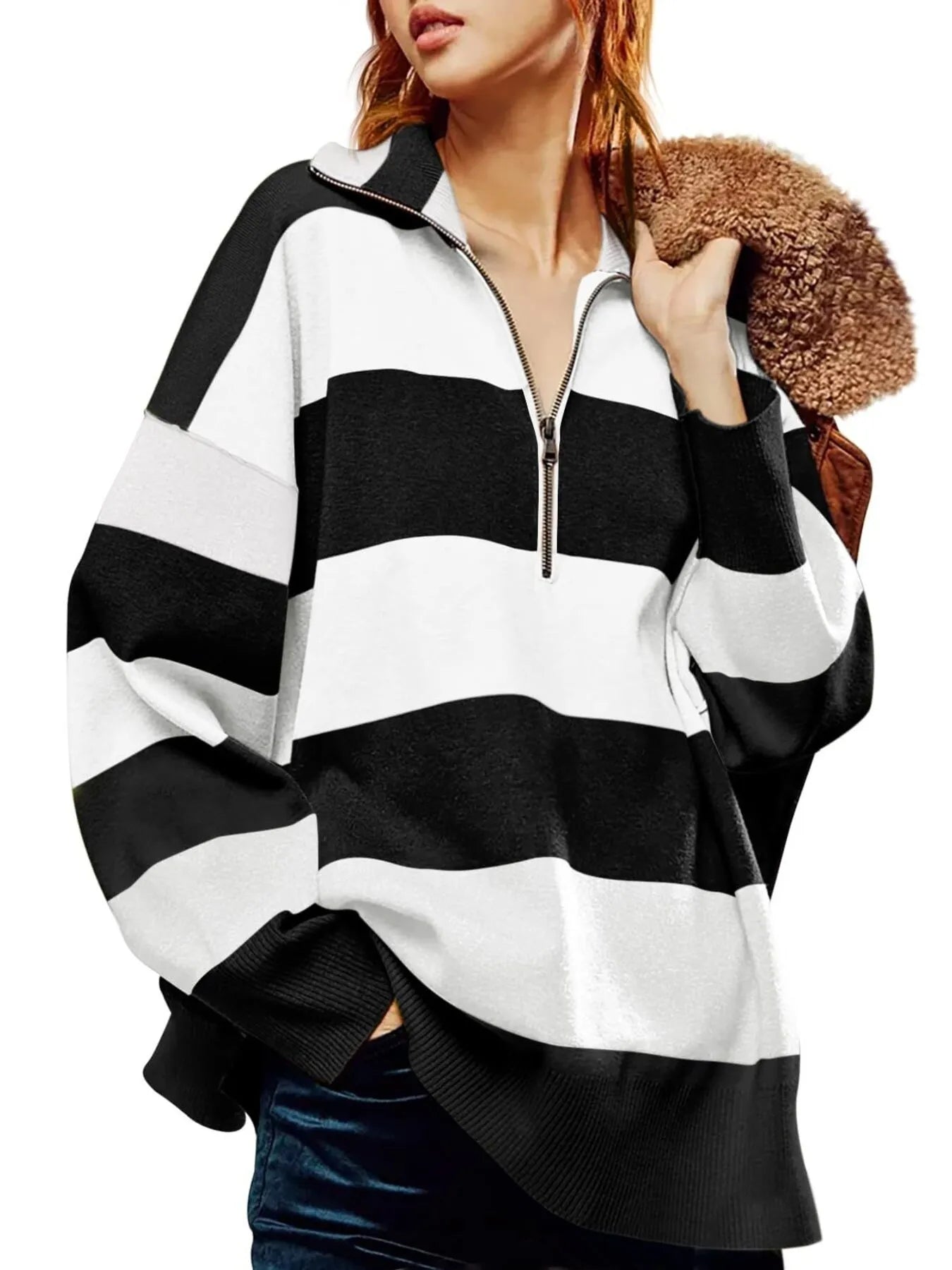 Striped Half-Zip Oversized Sweatshirt NicholesGifts