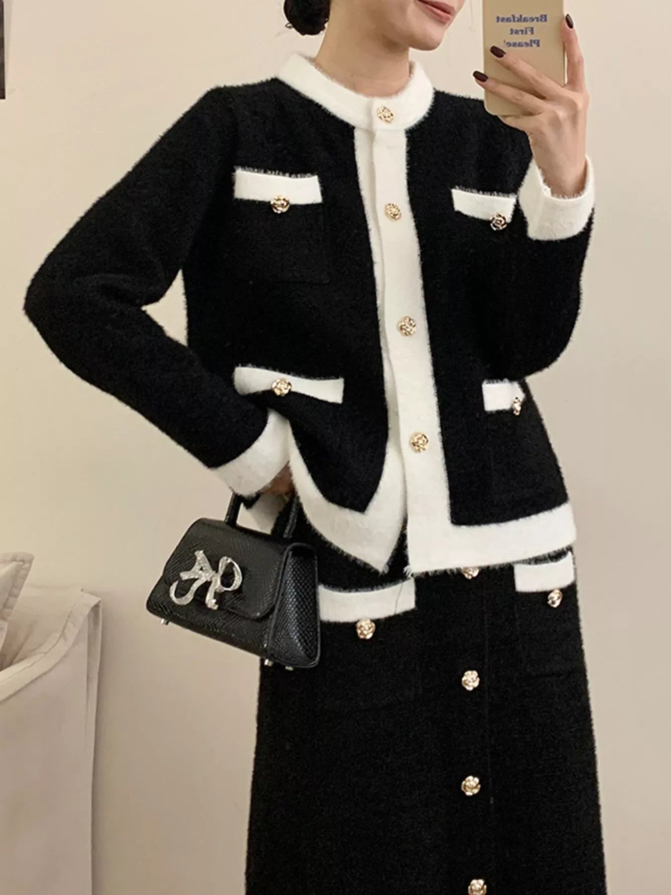 Contrast Trim Jacket and Skirts Sweater Set nicholesgifts
