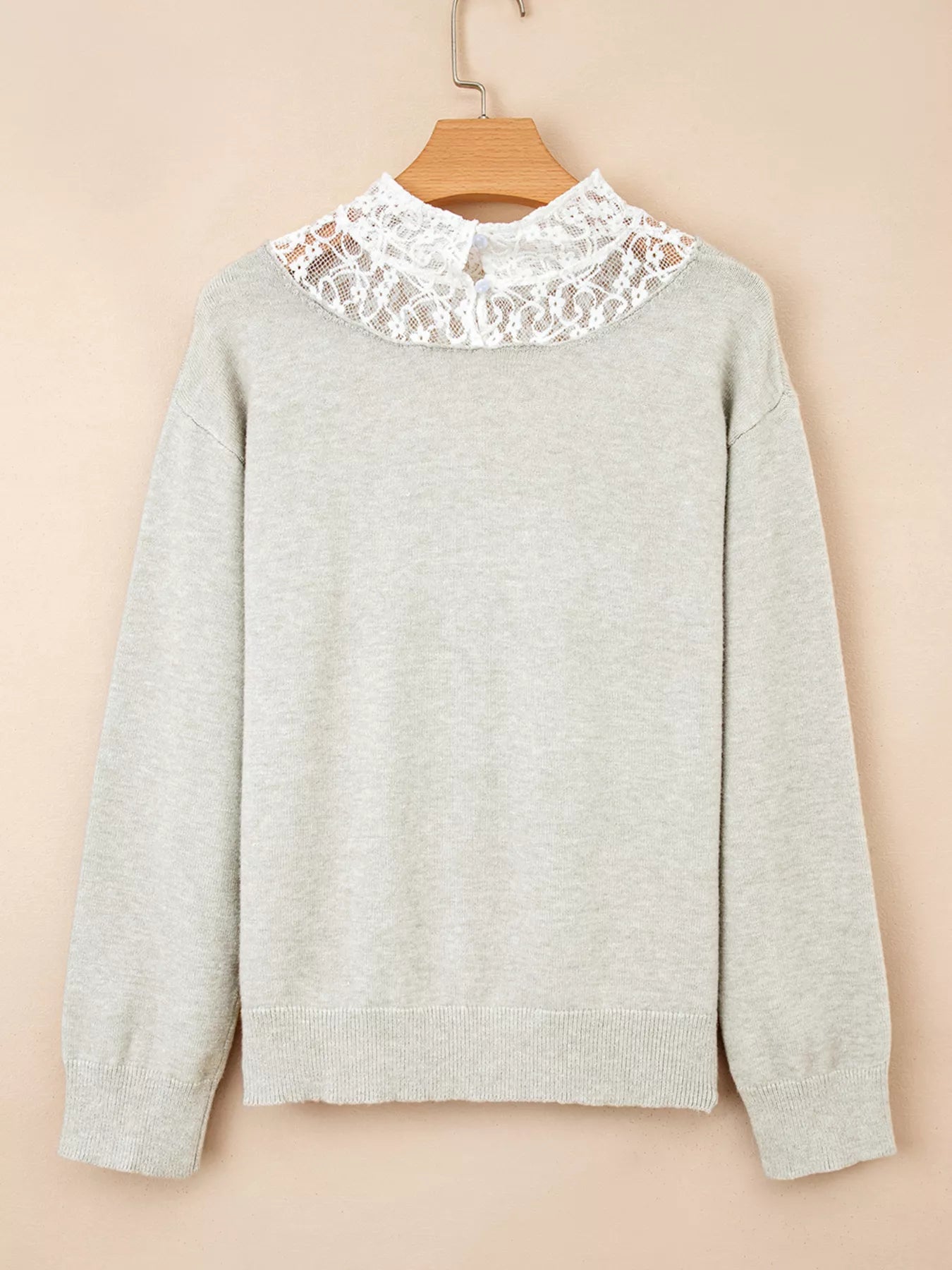 Button Keyhole Lace Patchwork Drop Shoulder Sweater