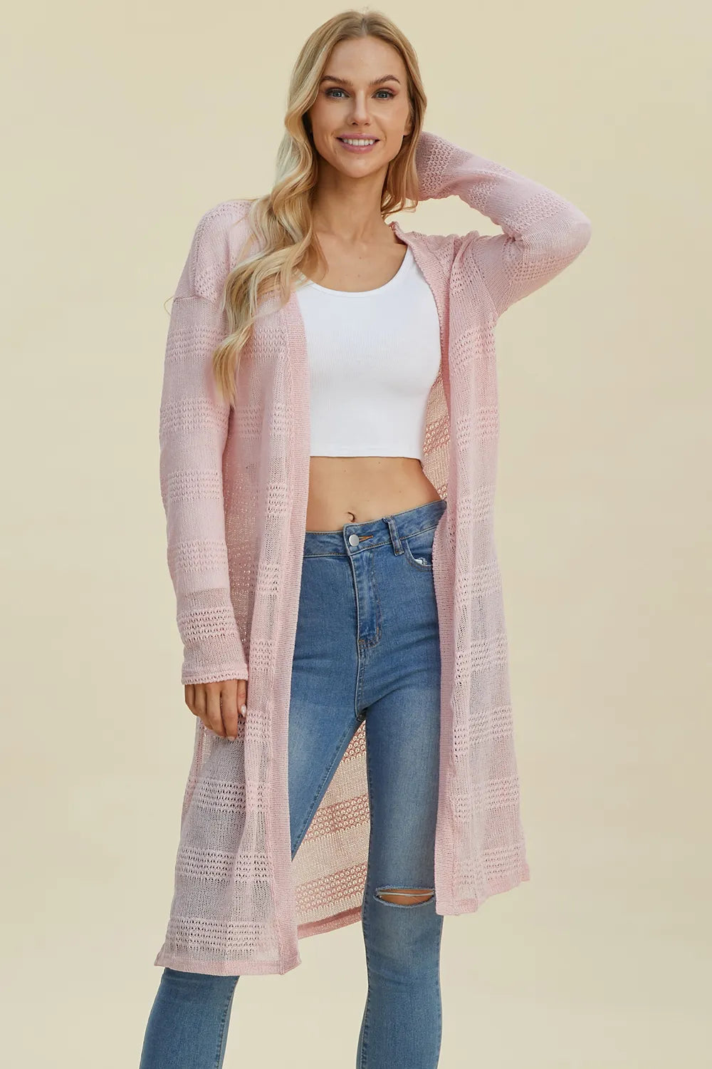 Double Take Full Size Open Front Longline Cardigan NicholesGifts