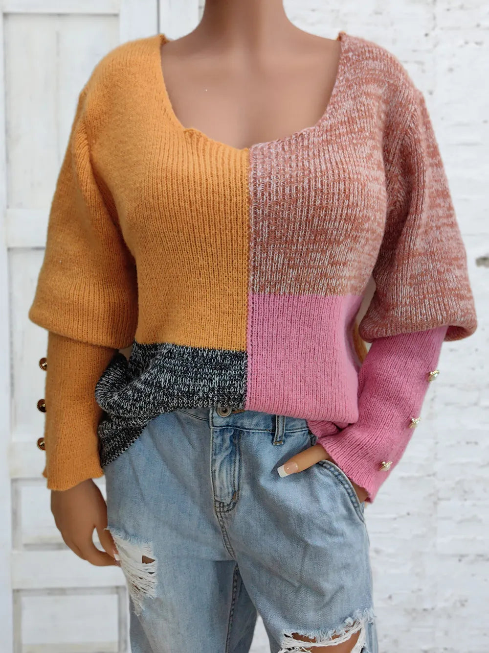 Color Block Decorative Button Long Sleeve Sweater Trendsi