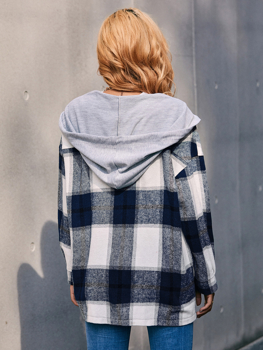 Women Ivy Lane Plaid Dropped Shoulder Hooded Jacket nicholesgifts