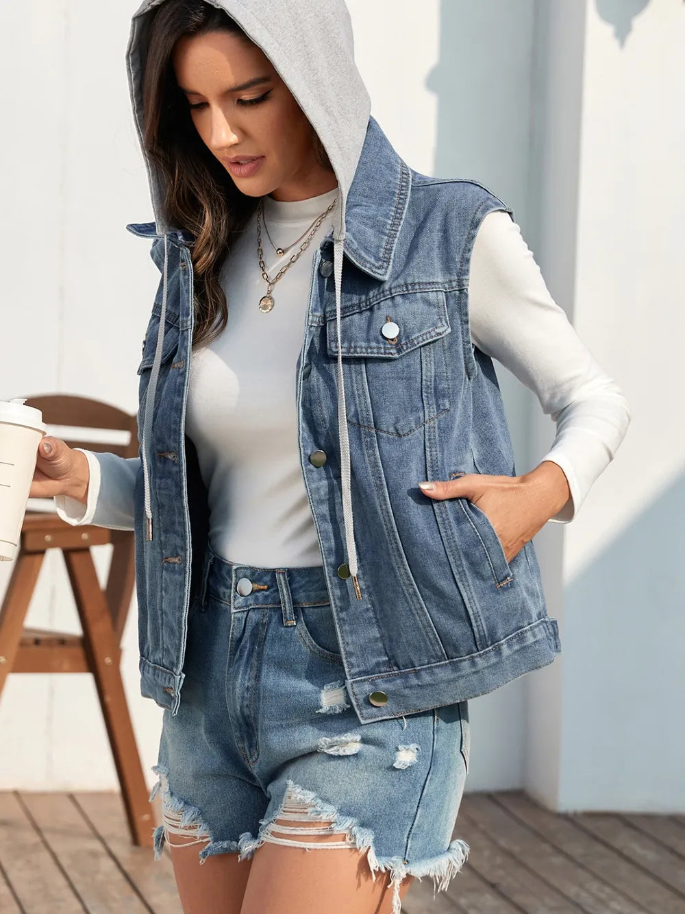 Pocketed Button Up Hooded Denim Jacket nicholesgifts