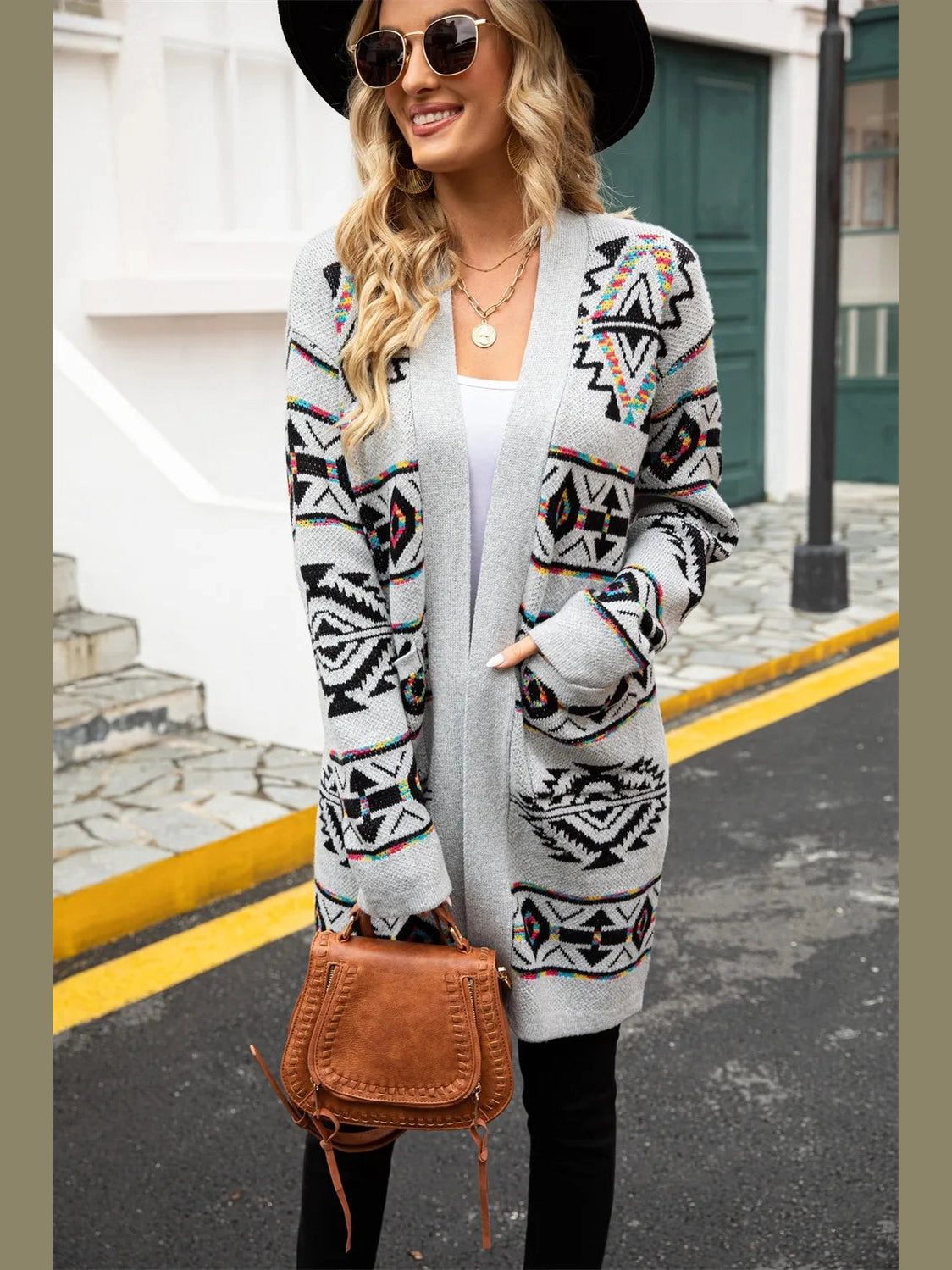 Angel Wings Pocketed Geometric Open Front Dropped Shoulder Cardigan nicholesgifts