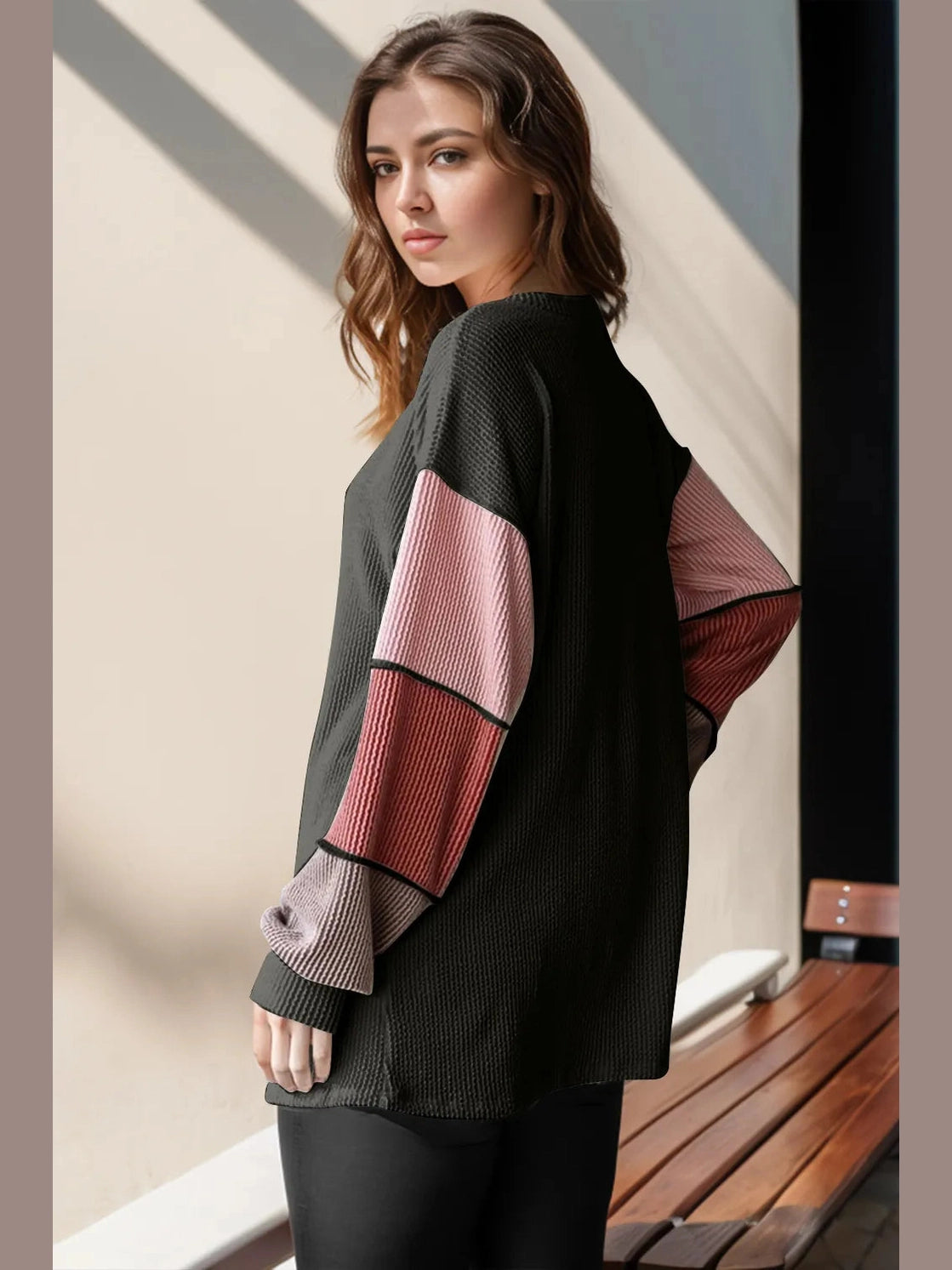 Double Take Full Size Color Block Round Neck Long Sleeve T-Shirt Trendsi