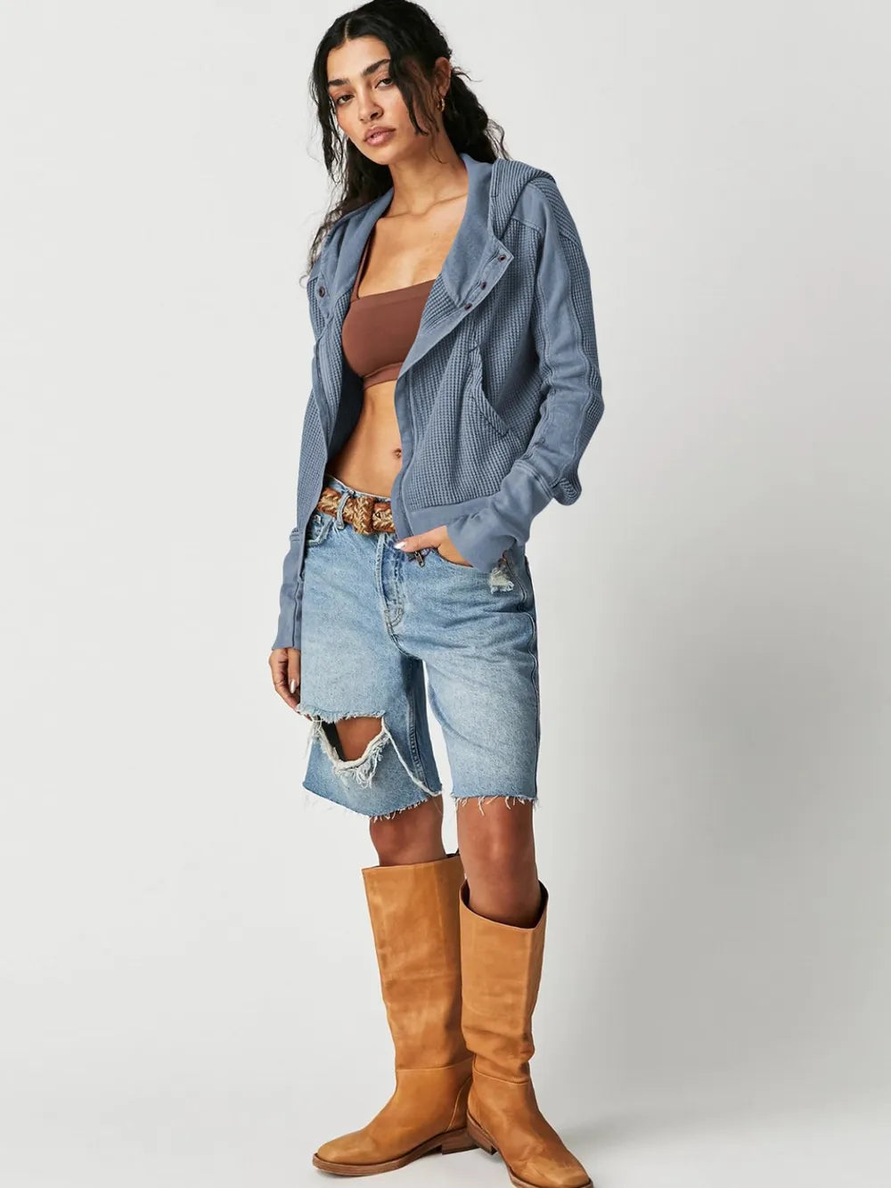 Waffle-Knit Dropped Shoulder Hooded Jacket nicholesgifts