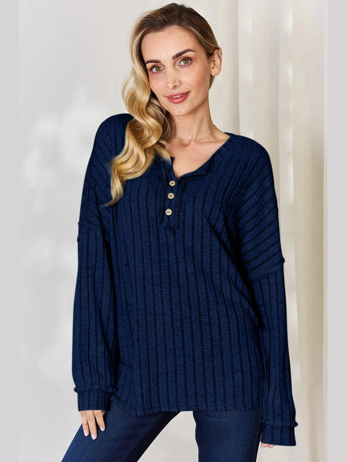 Basic Bae Full Size Ribbed Half Button Long Sleeve T-Shirt nicholesgifts