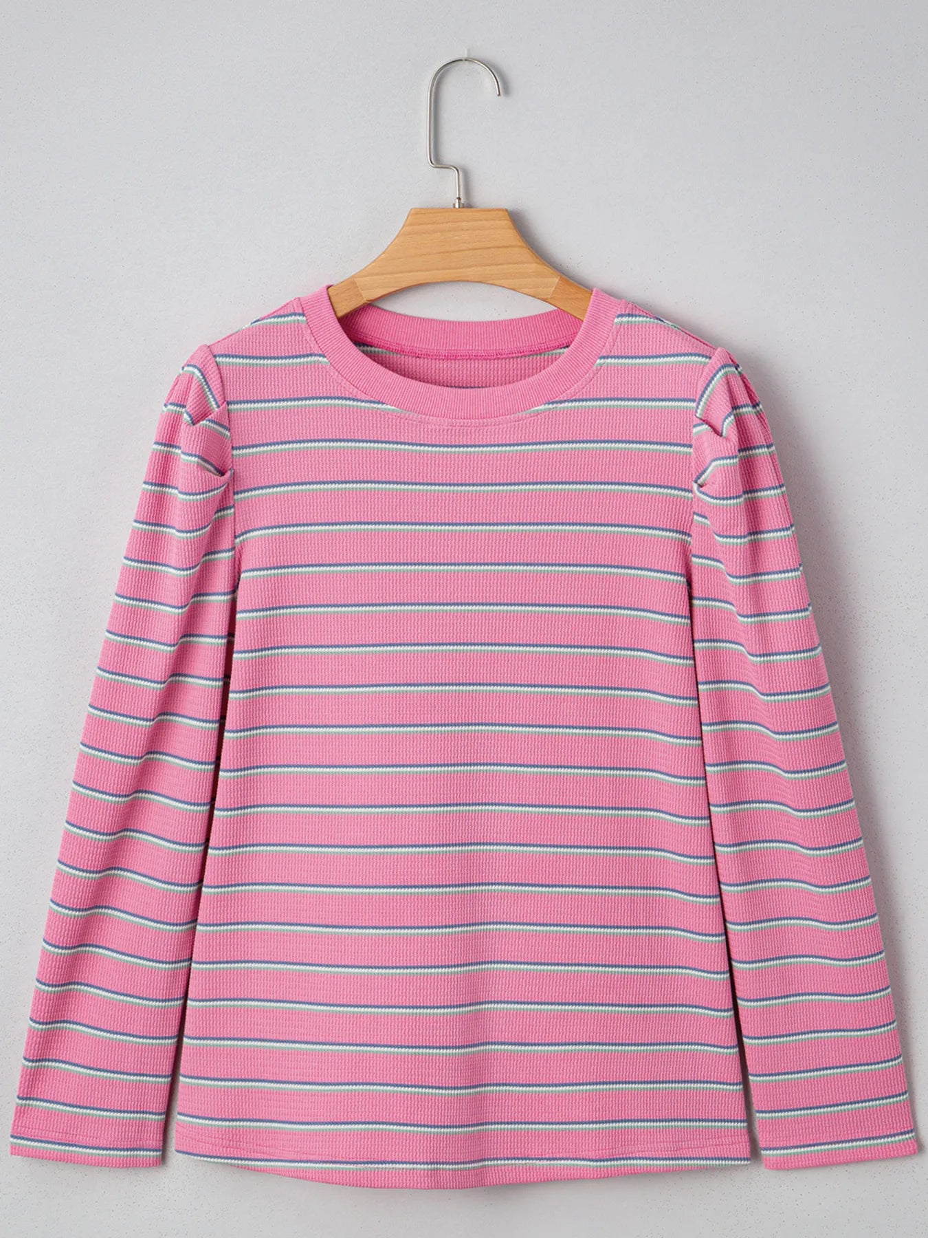 Stripe Textured Knit Round Neck Long Sleeve Top Trendsi