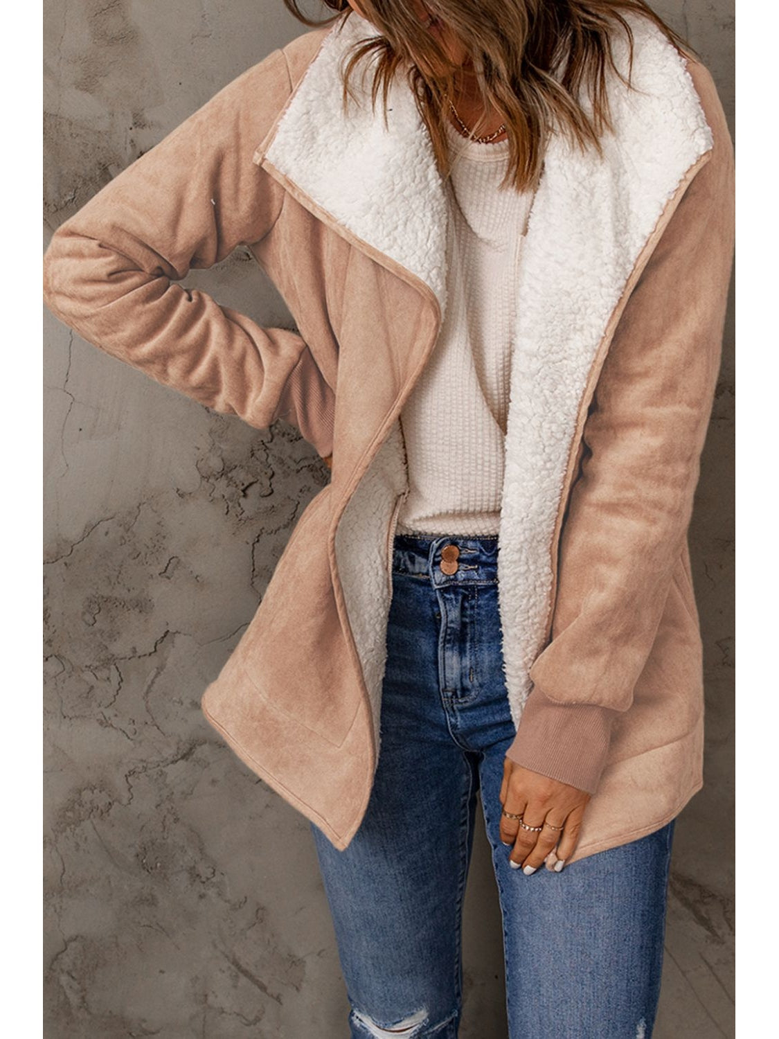 Open Front Long Sleeve Sherpa Jacket with Pockets nicholesgifts